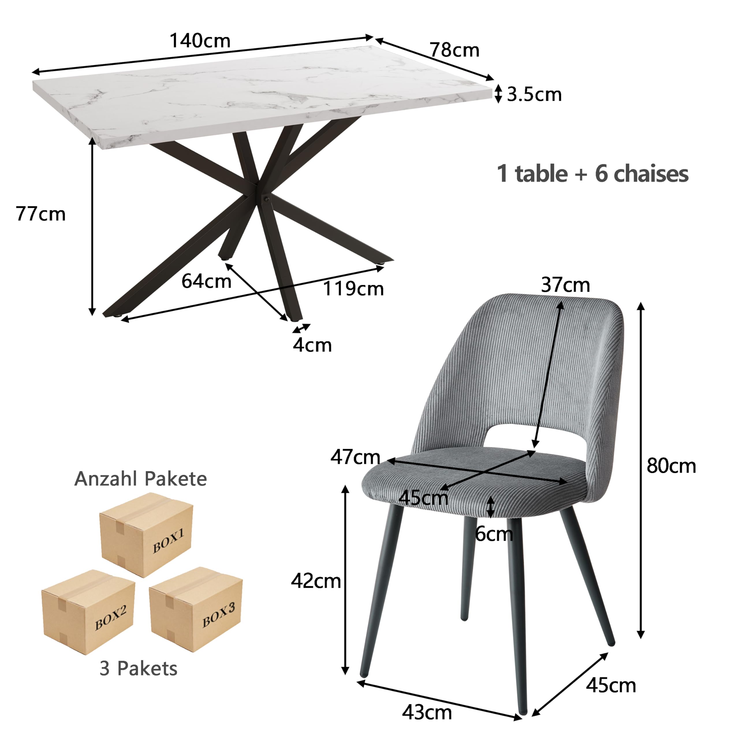 Esstisch und Stuhlset, Rechteckiger Esstisch 140 * 80 * 75 cm, 6 Gepolsterte Küchenstühle, 7 Teiliges Esszimmer und Stuhlset, für Esszimmer, Küche (Marmormuster + Grau)