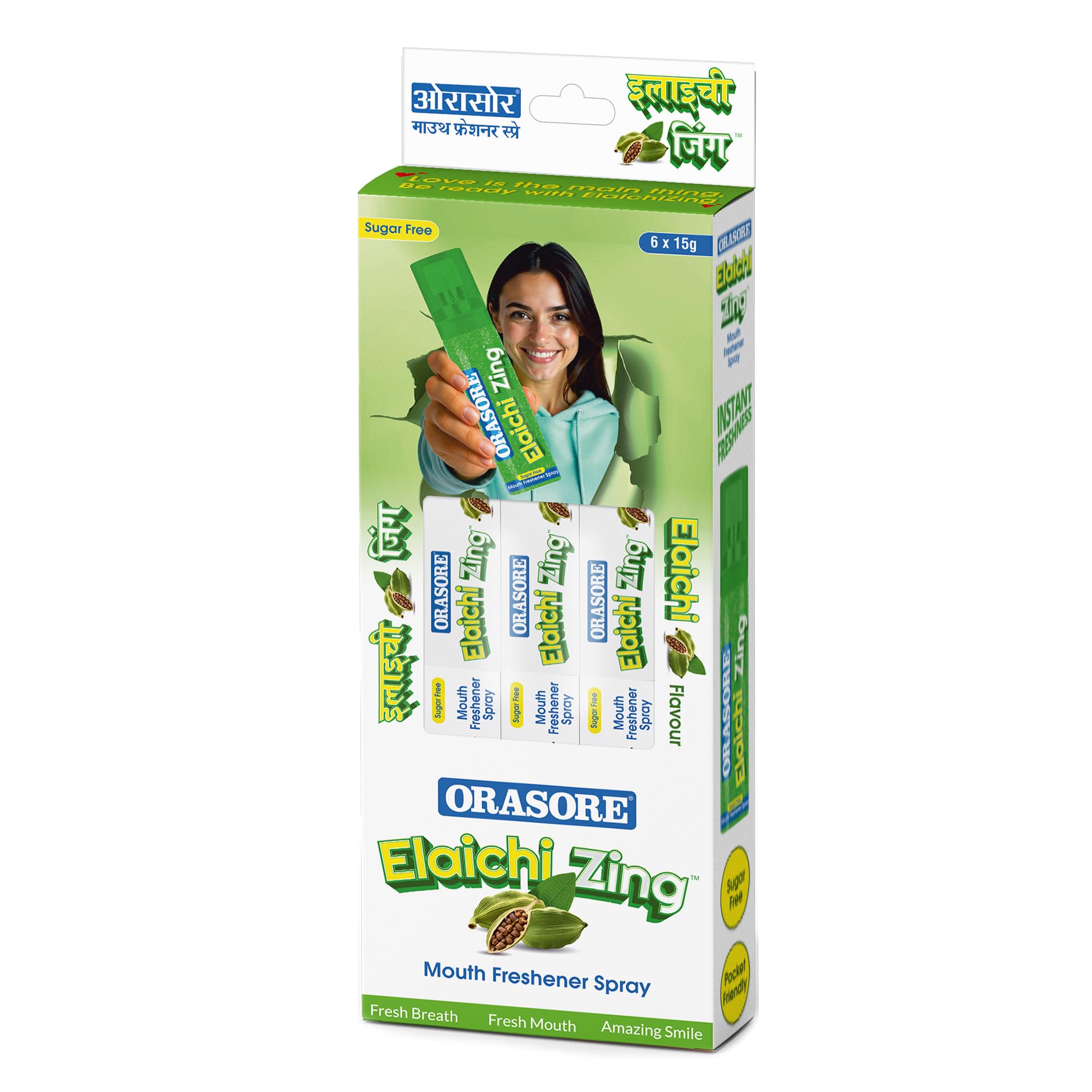 Orasore Elaichi Zing Mouth Freshener Spray | Alcohol-Free, Sugar-Free, 200+ Sprays | Instant Fresh Breath | Pocket Friendly Mouth Spray with Natural Ingredients (Pack of 6)