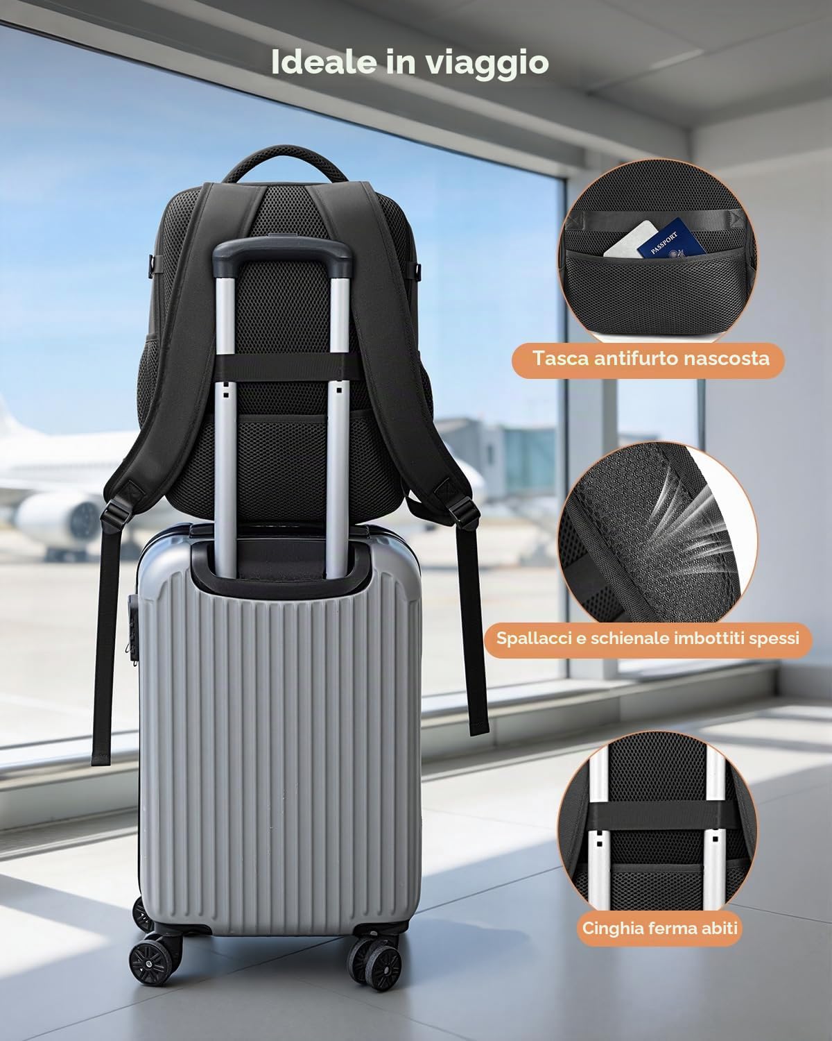 Zaino Ryanair 40x30x20 Bagaglio a Mano, Zaino da Viaggio Aereo Espandibile 24-30L Borsa da Cabina, Zaino Porta Laptop Uomo Donna, Idrorepellente per Business Lavoro Viaggio, Nero