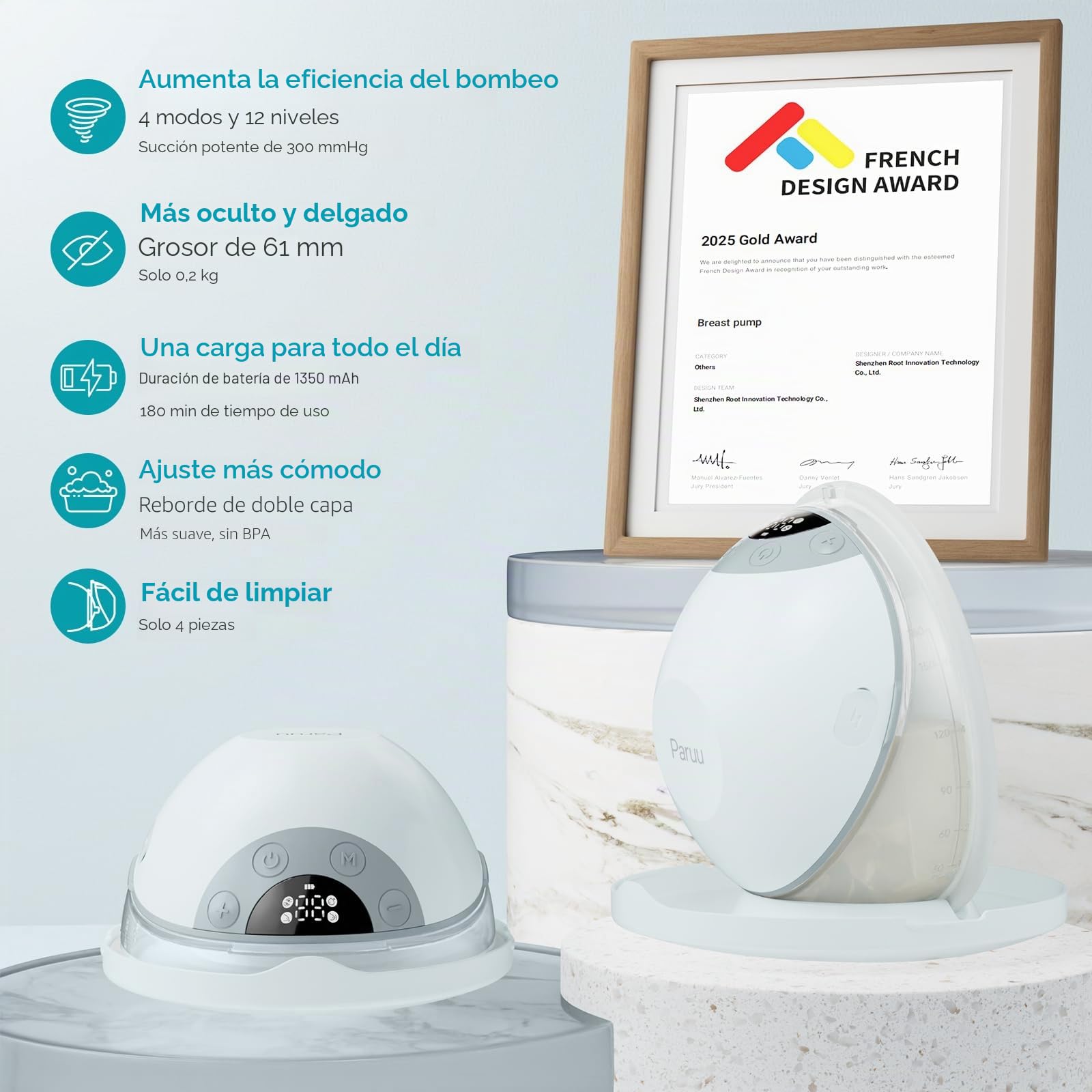 Paruu P20 Sacaleches Electricos Manos Libres, 4 Modos y 12 Niveles de Succión con Brida de Doble Sellado de 19/21/24 mm, Diseño visual del tiempo y el volumen de la leche (2, Verde claro)