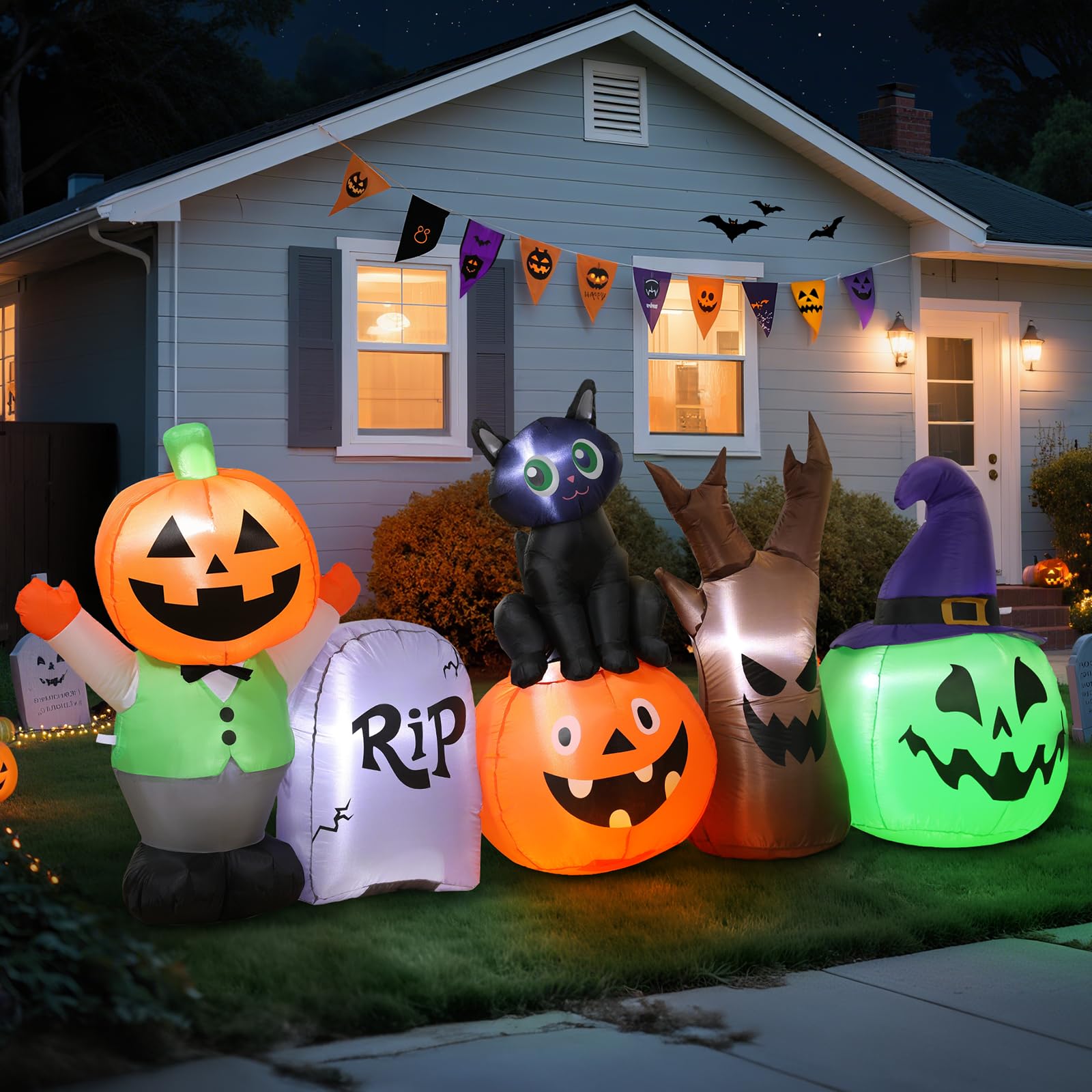 250CM Lange Halloween Aufblasbare Dekoration mit Integrierten LED, Schwarz Katze Grabstein Kürbis Deko Aufblasbare Gartendekoration Halloween Decoration für Outdoor Rasen Garten Veranda Party