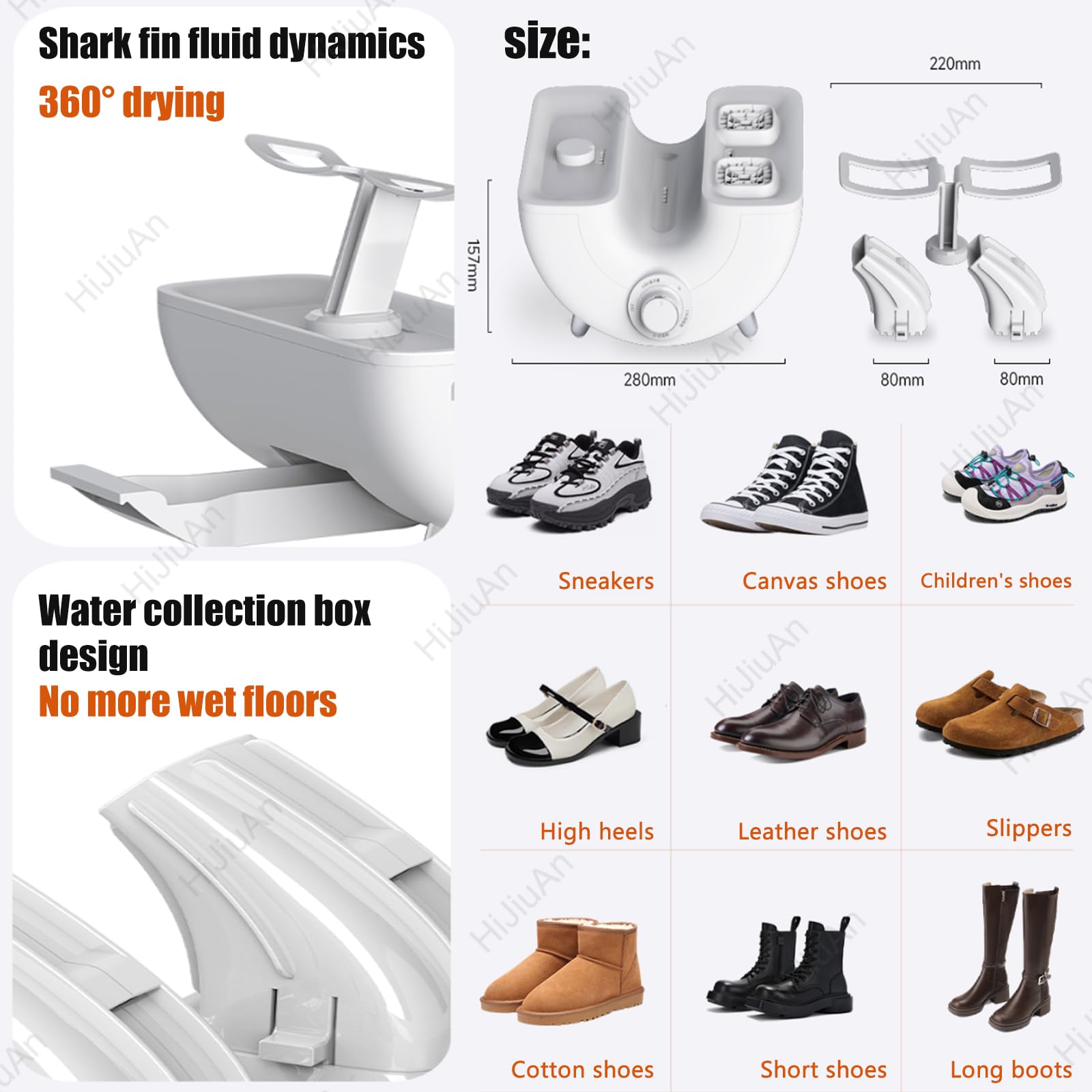Asciuga Scarpe da 400 W, Deodorante Elettrico per Calzature, 4 Livelli di Tempo Regolabili, Controllo della Temperatura da 40 a 65 °C, con Contenitore di Raccolta dell'Acqua