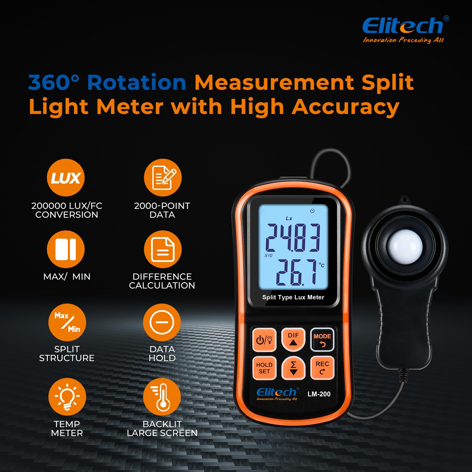 Elitech Misuratore di Luce Digitale Luxmetro Portatile con Display LCD, Portata 200.000 Lux, Misura della Temperatura LM-200