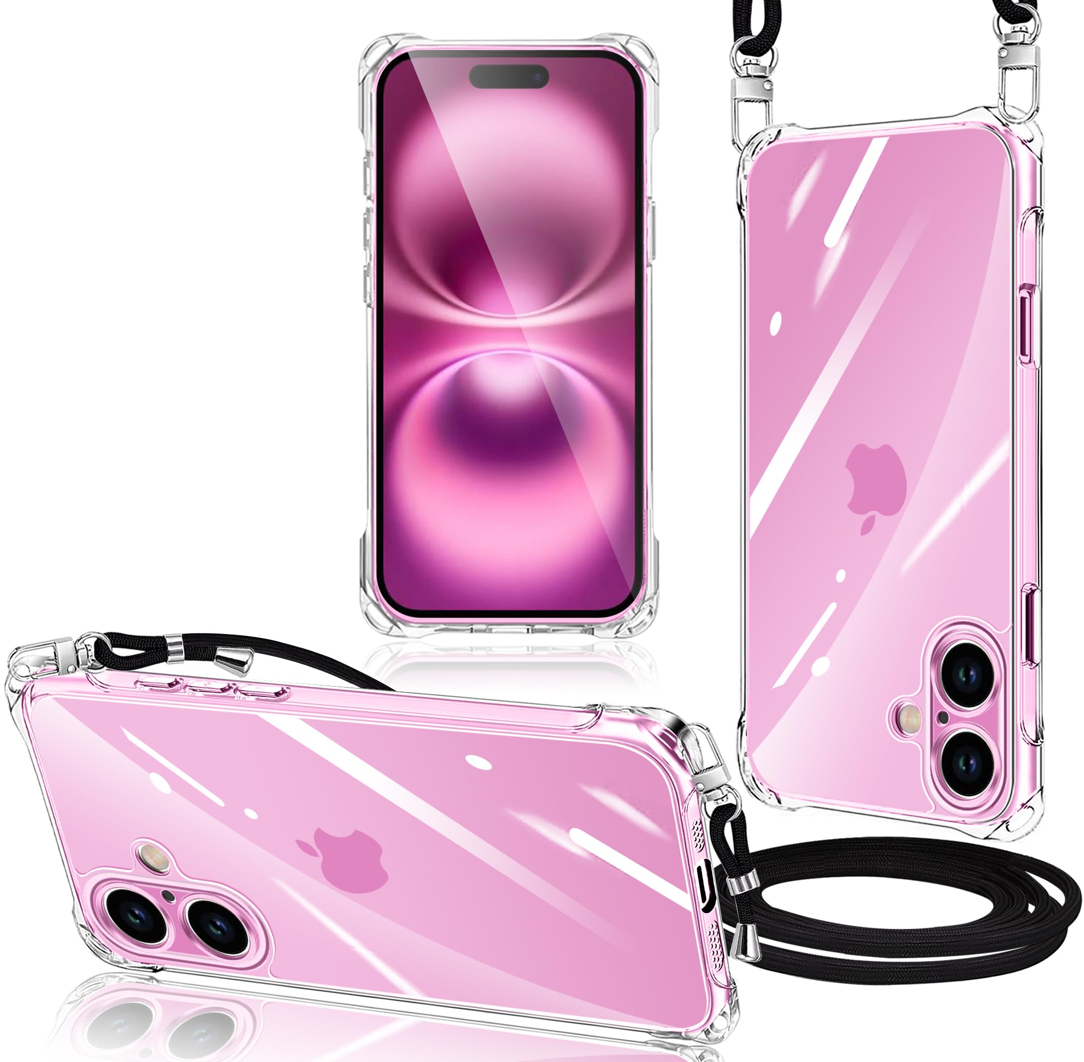 iPhone 16 用 ケース クリア ショルダー 縄掛けケース 耐衝撃 アイフォン16 用 スマホケース 透明 薄型 軽量 TPU カバー 肩掛け 斜めかけ 紐付き 織りストラップ付き 長さ調整可能 取り外し可能 落下防止 紛失防止 ワイヤレス充電対応 (クリア)