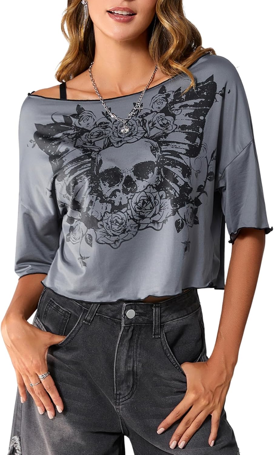 SOLY HUX Womens Y2K Grunge Shirts Short Sleeve Off Shoulder Crop Graphic Tees Goth Skull Tops - Image 2