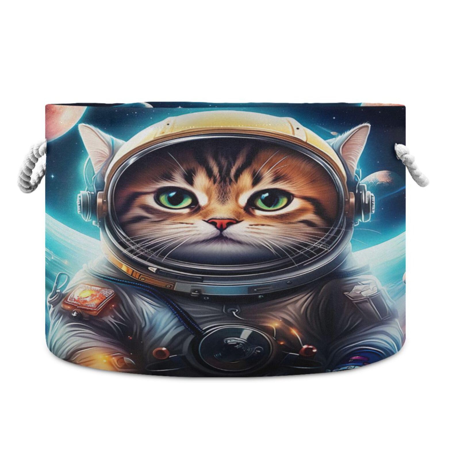 Round Space Astronaut Cat Funny Storage Basket Large Organizer Bin Laundry Hamper Toy Storage Basket with Handle for Nursery Clothes Toys 202b4754