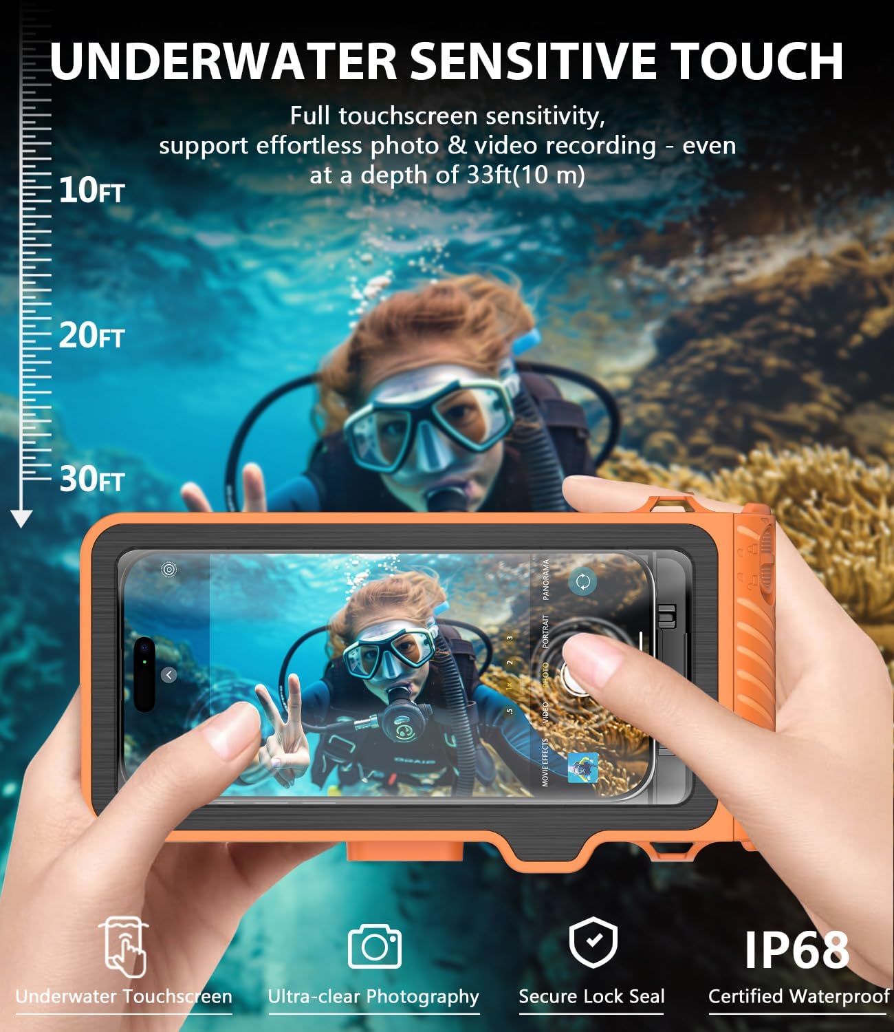 Waterproof Phone Case for Snorkeling - Underwater Touchscreen Housing, Universal Underwater Photo&Video Diving Case for iPhone 16/15/14 Pro Max Samsung Galaxy S25/S24 Ultra Up to 6.9'' Orange