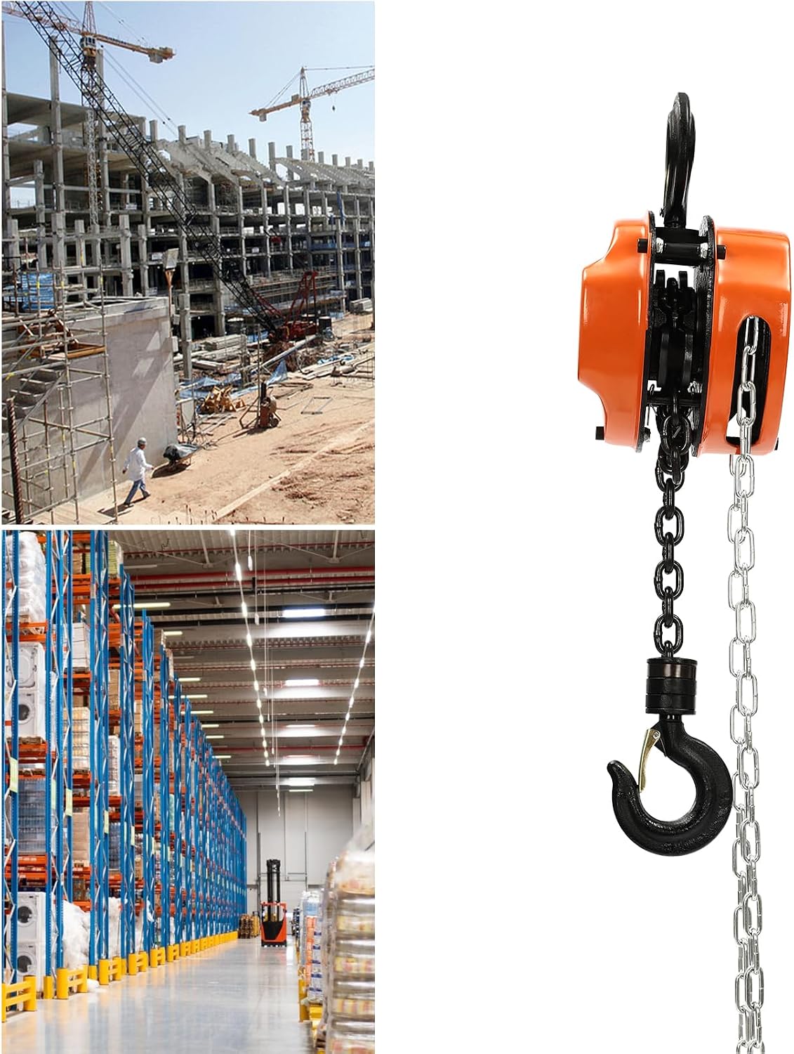 Hand Chain Hoist 1Ton, Chain Fall 2200LBS Capacity, Manual Chain Hoist 9.84ft, Chain Block Hoist with 2 Heavy-Duty Hooks with Safety, for Garages Warehouse Automotive Machinery, Orange