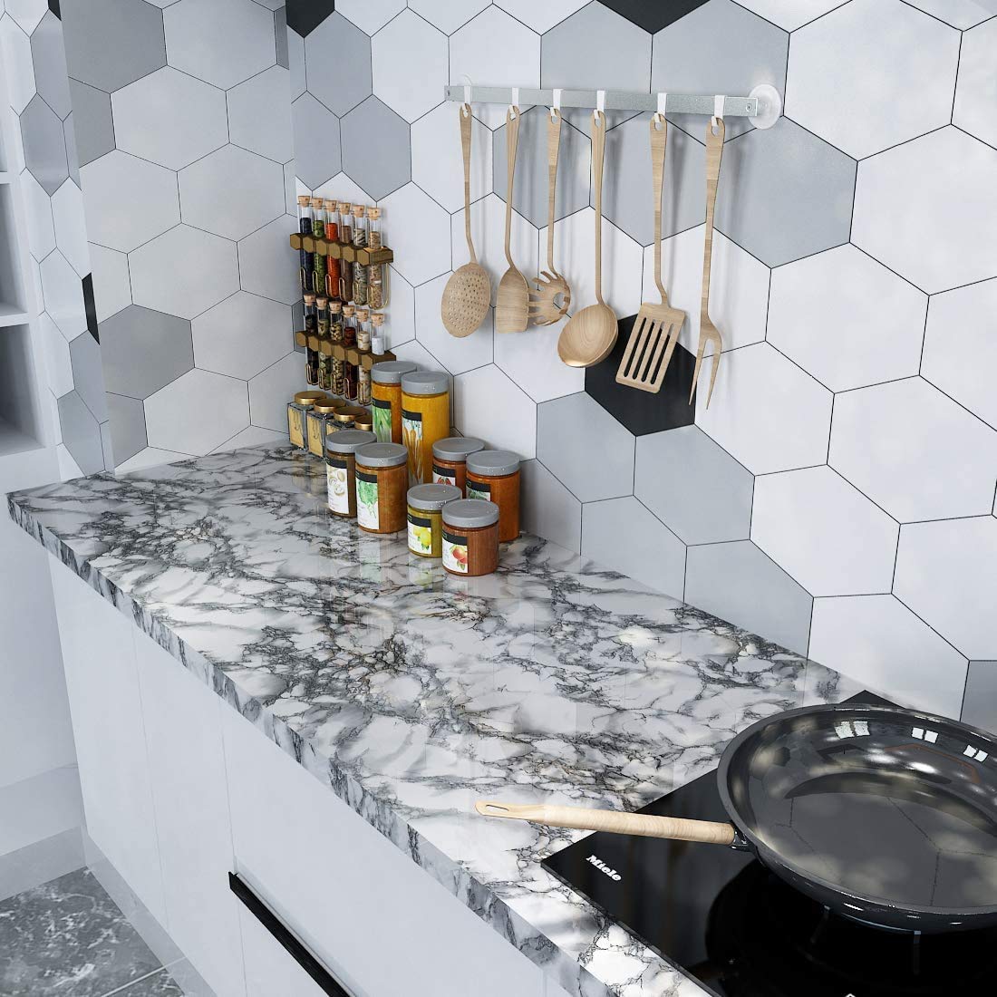 A1 Decor Marble Granite Look White Marble Gloss Self Adhesive Vinyl Marble Film Counter Top Peel and Stick Door Wardrobe Wall Papers Wall Decal Decorative Removable Waterproof Shelf Paper-12x96 Inch