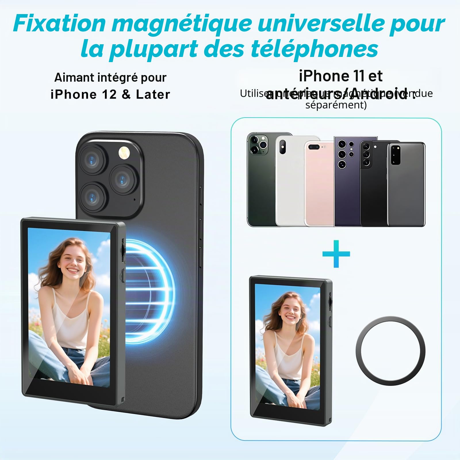 Qoosea écran Retour Caméra Téléphone 4" Magnétique, Écran Selfie sans Fil 1080P avec Haut-Parleur & 4h Autonomie, Retour Camera iPhone et Android, Streaming Live TikTok, Accessoire Vlog