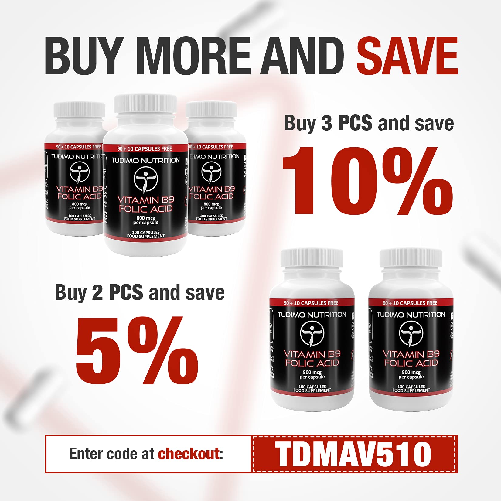 Vitamin B9 Folic Acid 800mcg Capsules 100 pcs (3+ Month Supply) of