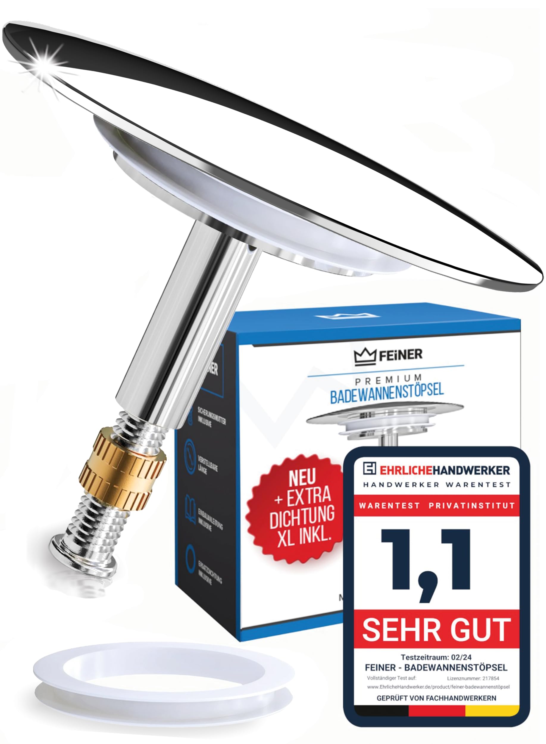 FEINER® [2-TLG.] Badewannenstöpsel Universal Passform - Badewannen Stöpsel Verschluss Ø 72 mm - Rostfrei Verstellbarer Stöpsel Badewanne - für Jede Badewanne Dicht + GRATIS Alternativdichtung