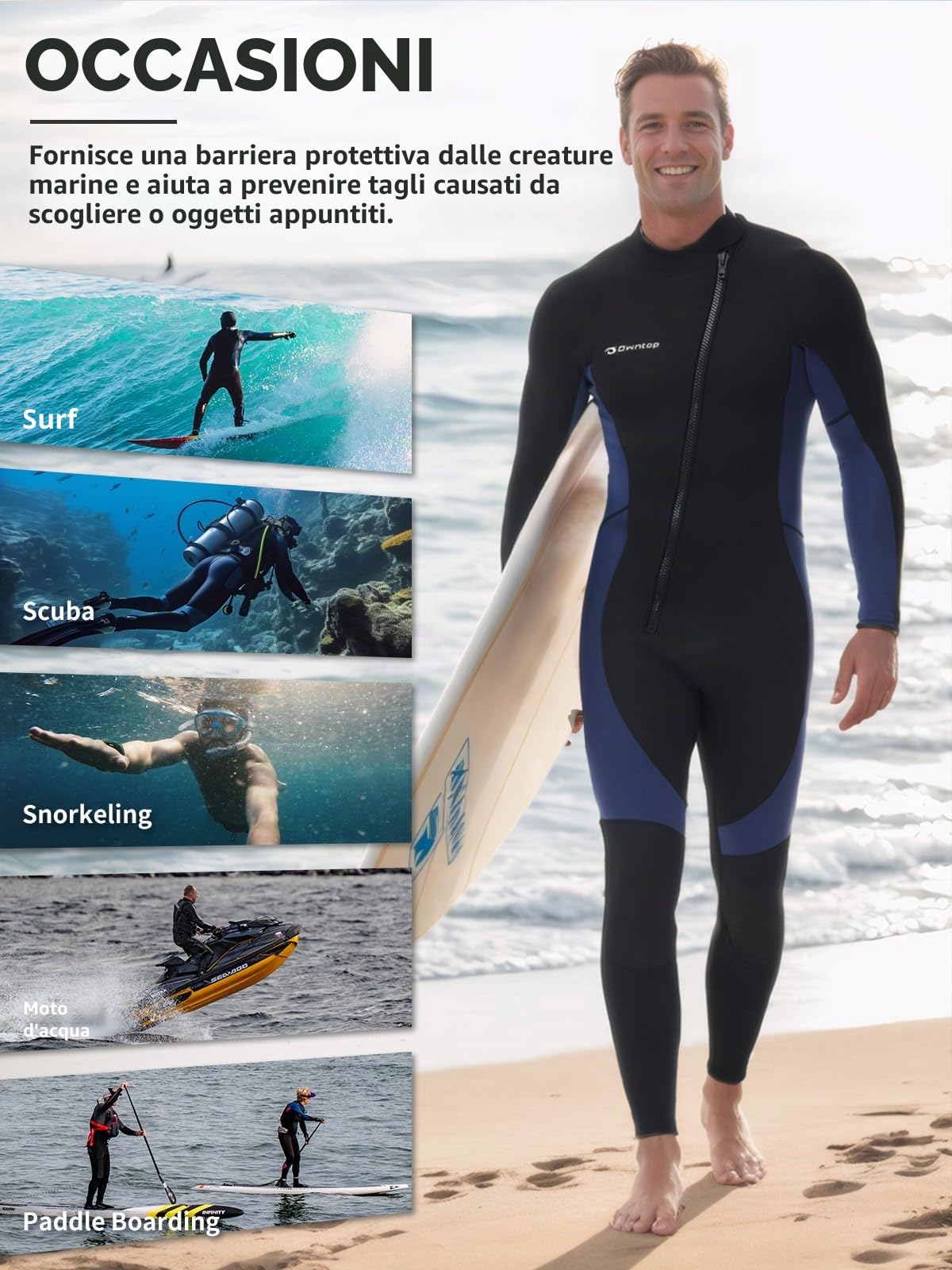 Owntop Muta da Uomo 3/2mm - Muta da Sub Completa con Zip Frontale, Stretch Pro Neoprene Wetsuit Termica Lunghezza Completa per Surf Snorkeling, Herren Blau 3XL