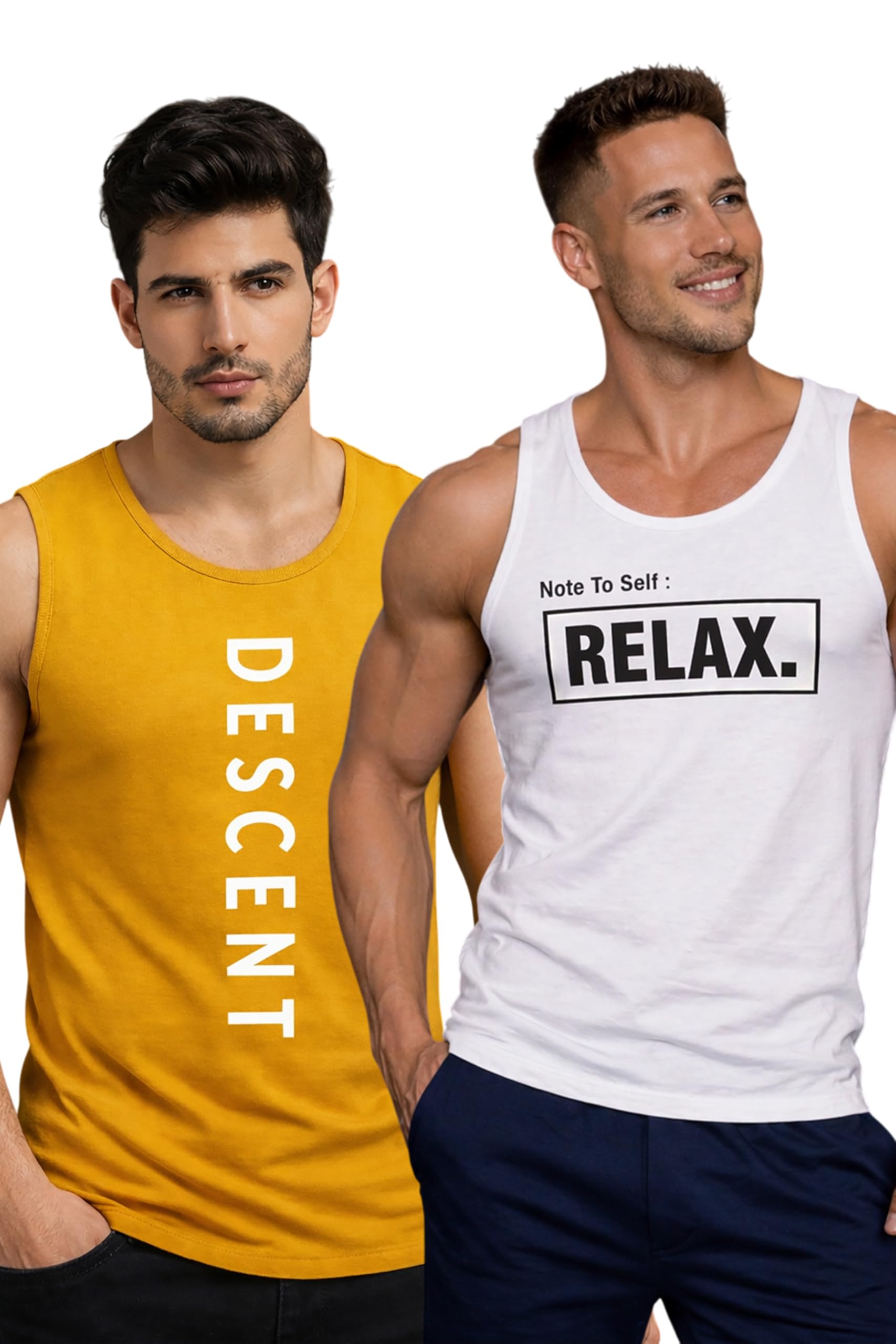 Polyester Letter Printed Vest for Men - Pack of 2 - White & Yellow | Round Neck | Sleeveless | Regular Fit | Summer & Gym Wear Tank Top for Men-image-39