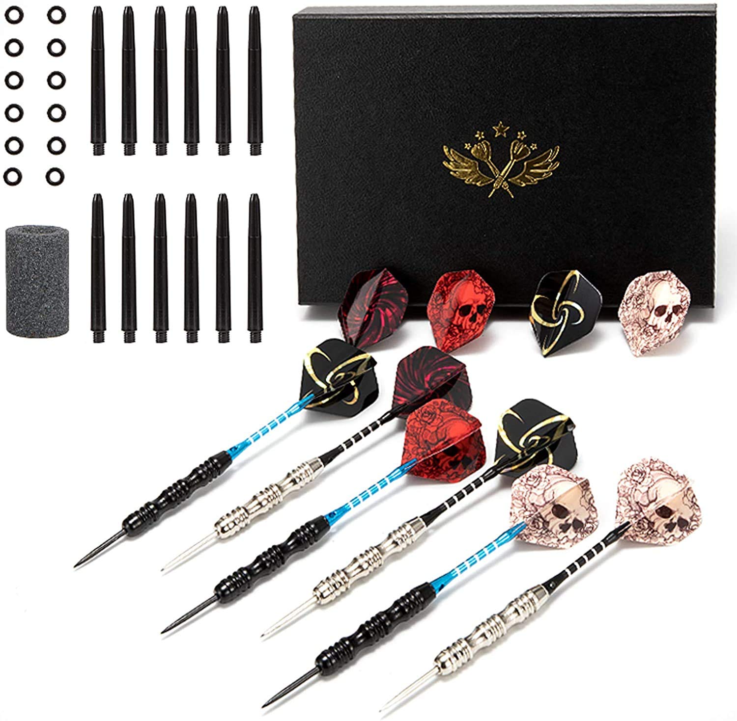 POFET - Set di 12 freccette con punta in acciaio da 22 g, con fusto in ferro antiscivolo, in alluminio e 4 alette in stile con confezione regalo