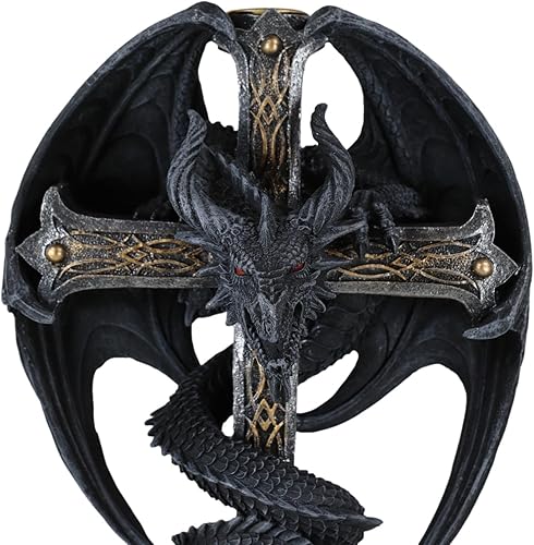 Miniatura 7 de Ebros Gift Fantasía medieval Bahamut Demon Guardian Altar Drake Dragón Enrollado En Celta Nudo Cruz Crucifijo Taper Candleholder Desktop Figurine