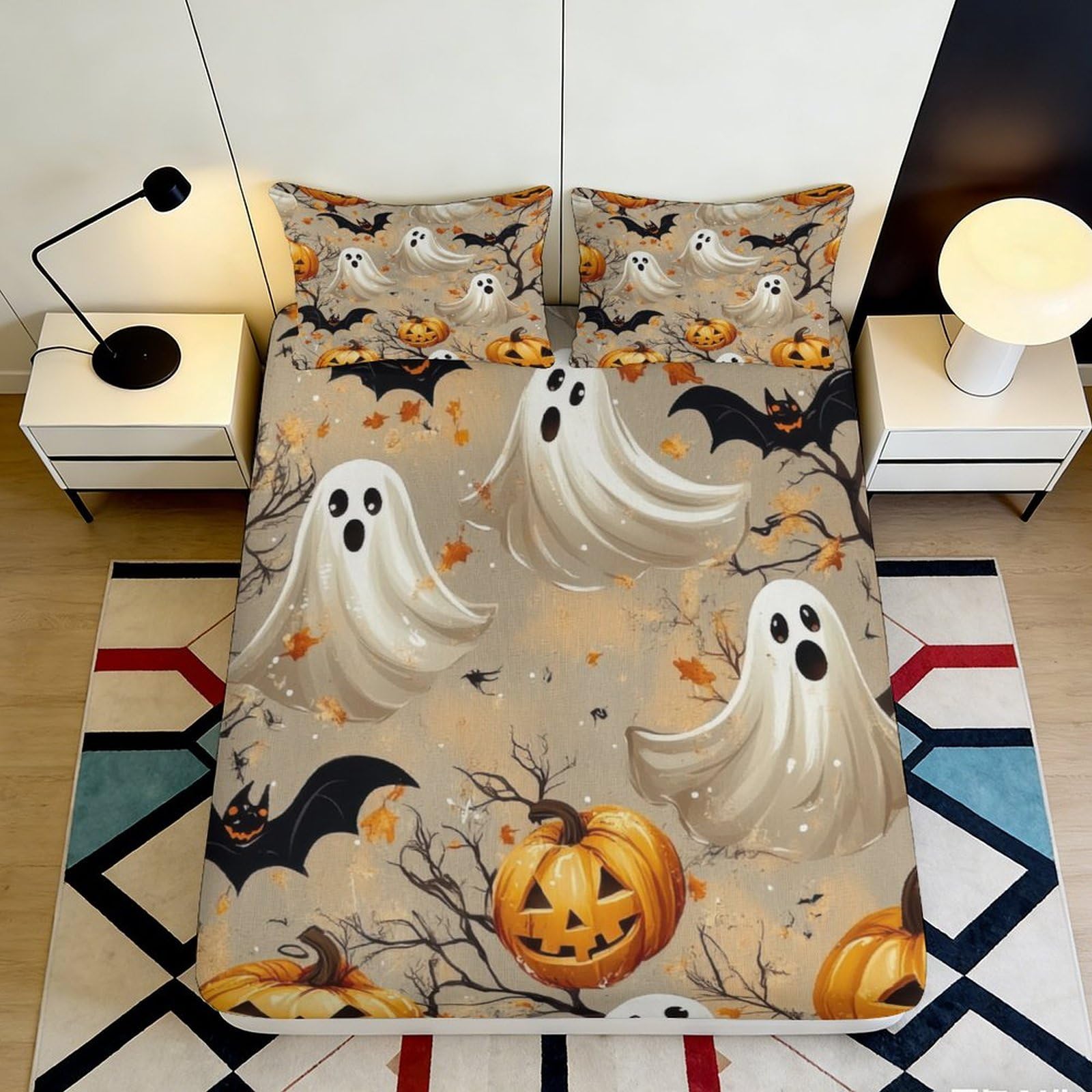 3D Printed Halloween Ghost Fitted Sheet Microfiber Soft Pumpkin Bat Mattress Cover for Bedroom Dorm Mattress Protection Decor 90x200x25cm