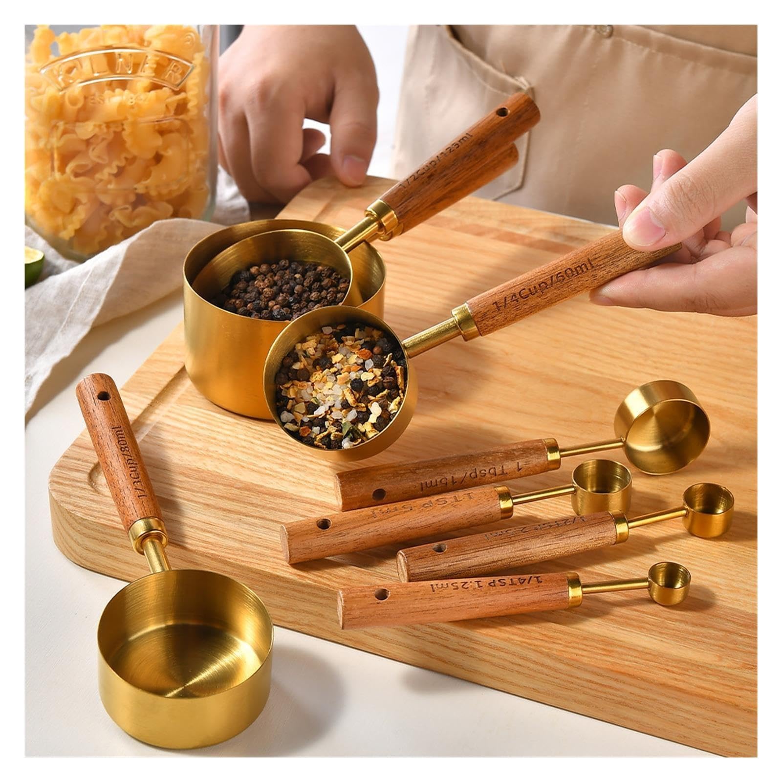 Set 4 piezas tazas y cucharas medidoras acero inox chapado en oro | Herramientas de medición graduadas para repostería y cocina(Origin-4PS-A)