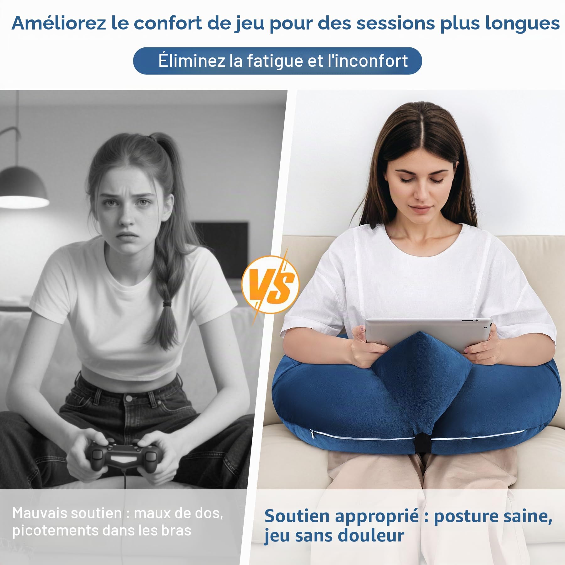 INFANZIA Coussin de lecture pour le jeu, coussin de soutien pour le bras, coussin de forme U pour les genoux avec poche latérale pour le lit et le canapé, coussin de jeu compact avec support pour