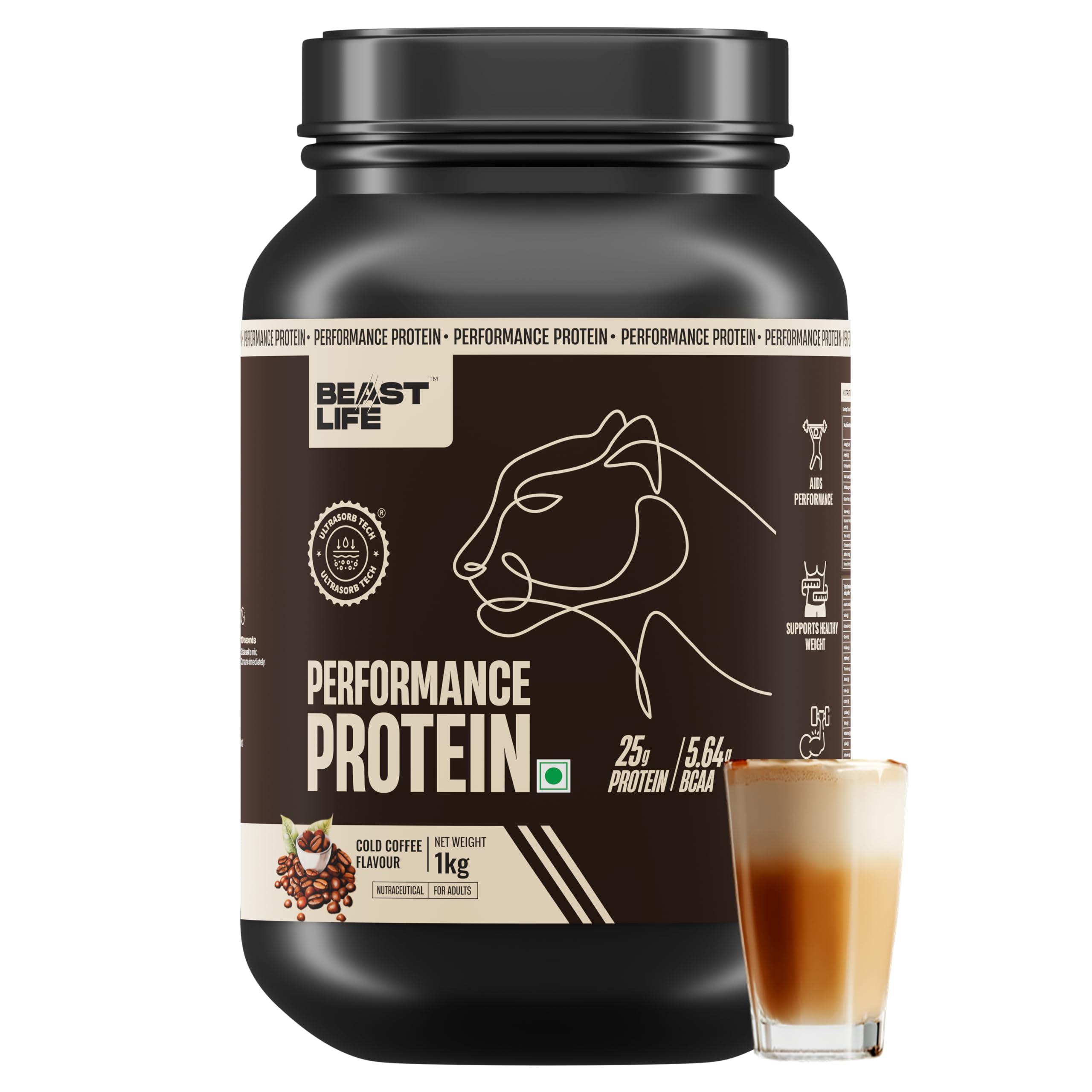 BeastLife Performance Yeast Protein Powder | 25g Protein | Cold Coffee |NABL Lab Certified | High Absorption for Muscle Growth |Smooth & Light, Easy to Digest with Ultrasorb Tech|5.64g BCAA | Best For Gut | Beta Glucan | Improves Immune Function | 1 Kg