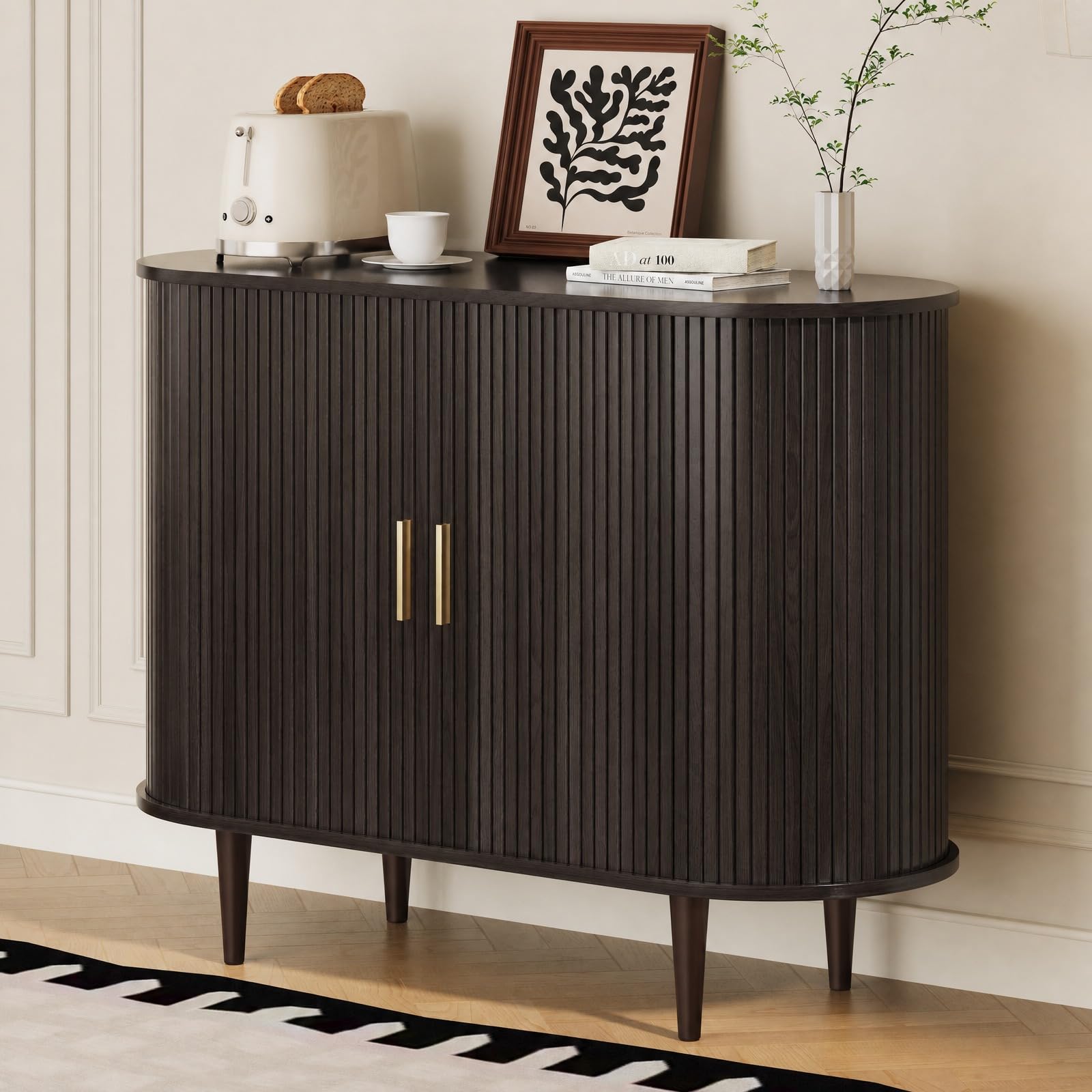 DHH Sideboard Buffet Cabinet with Storage,Mid Century Modern Fluted Accent Coffee Bar Console Table,Tambour Sliding Doors&amp; Adjustable Shelf for Kitchen, Living Room, Entryway(Dark Walnut, 40 Inch)