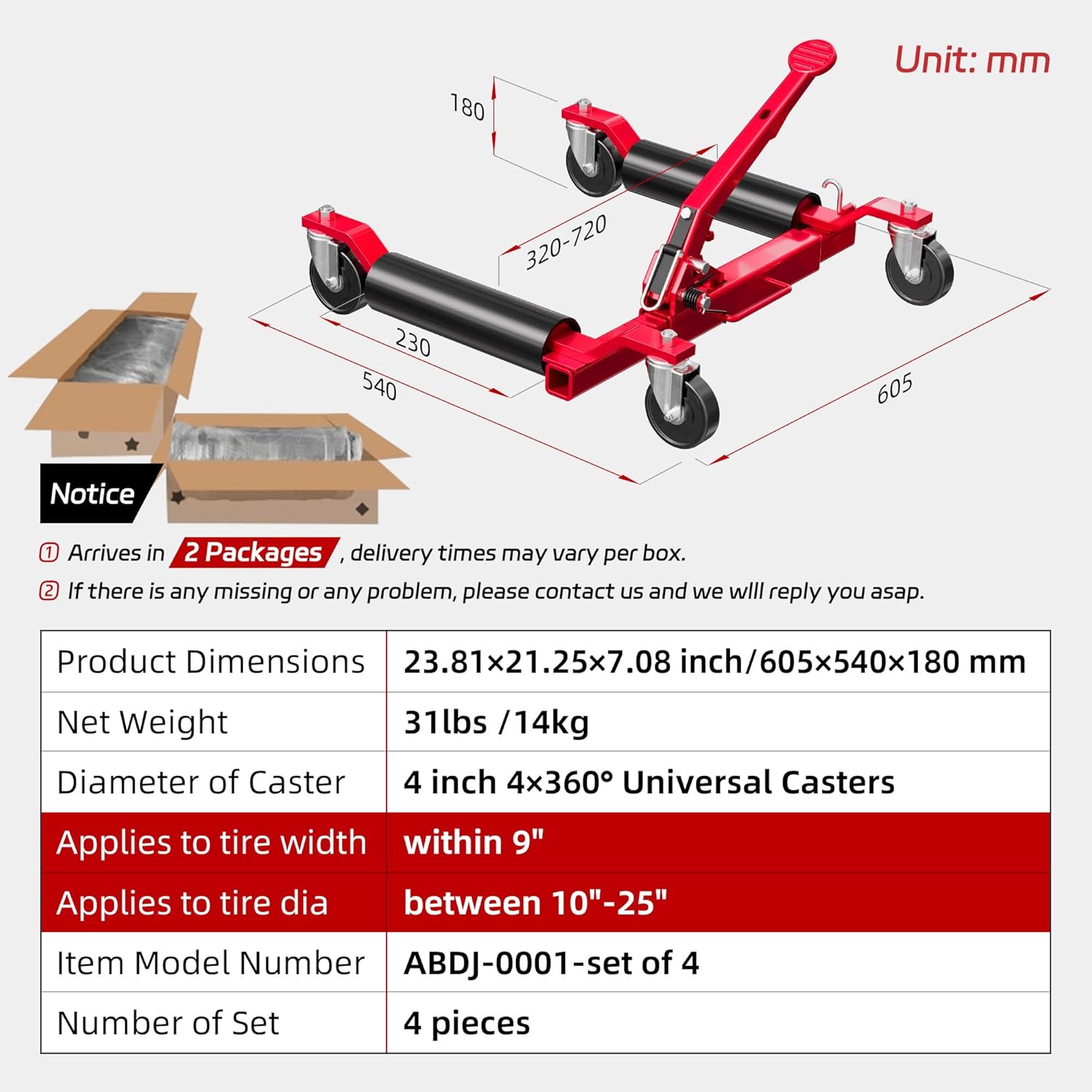 Car Dolly Jack Set of 4, Mechanical 1500-lbs Wheel Dolly, 9'' car Wheel Dolly Positioning Jack, Car Dollies for Vehicle Positioning & Auto Repair Moving, Red