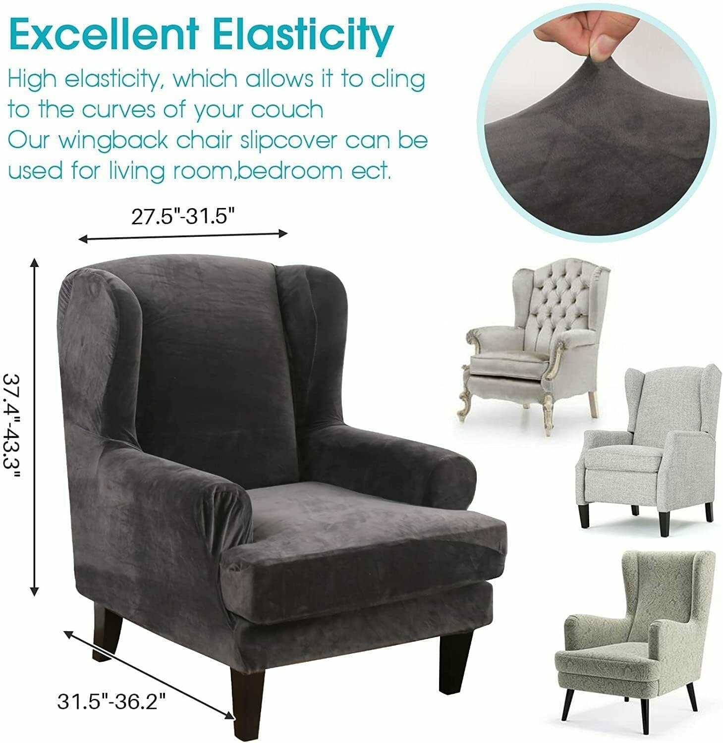 Aedlcal Wingback Chair Slipcovers 2 Piece Stretch Velvet Wingback Chair Cover with Cushion Cover Spandex Wing Chair Slipcover Full Protection Armchair Sofa Covers for Living Room Bedroom (Blue)