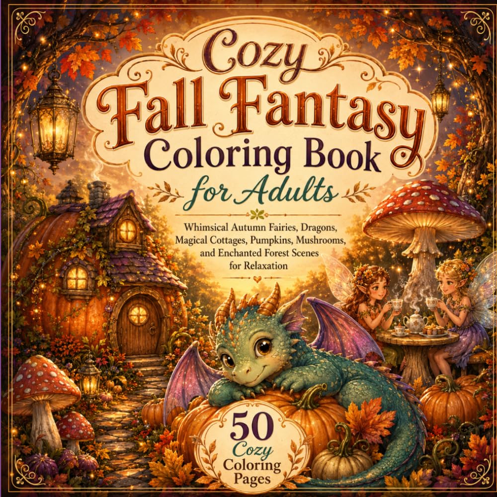 Cozy Fall Fantasy Coloring Book for Adults: Whimsical Autumn Fairies, Dragons, Magical Cottages, Pumpkins, Mushrooms, and Enchanted Forest Scenes for Relaxation