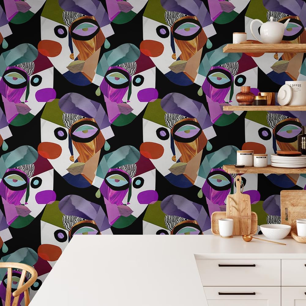 Modern Abstarct Human Face Purple Art Peel and Stick Wallpaper Easy Peel Off Contact Paper Stick on Adhesive Wall Paper for Bathroom Waterproof Renter Friendly