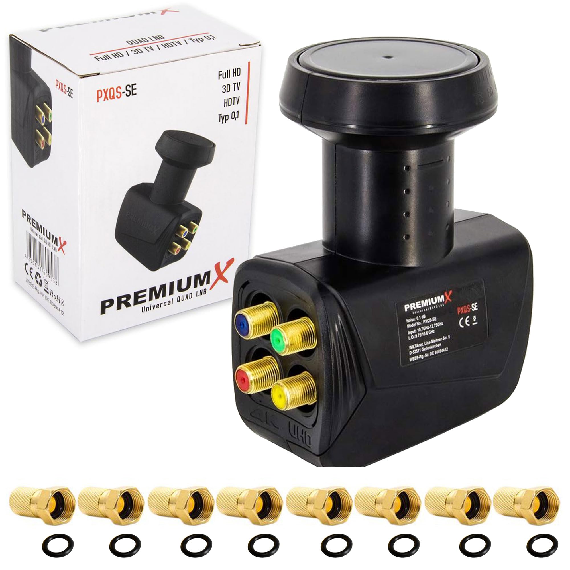 PremiumX Quad LNB para 4 usuarios: Convertidor de señal de TV con protección contra el Clima, LNB Satélite Digital en Negro con 8 Conectores F incluidos. Compatible con DVB-S2 8K UHD 4K Full HD