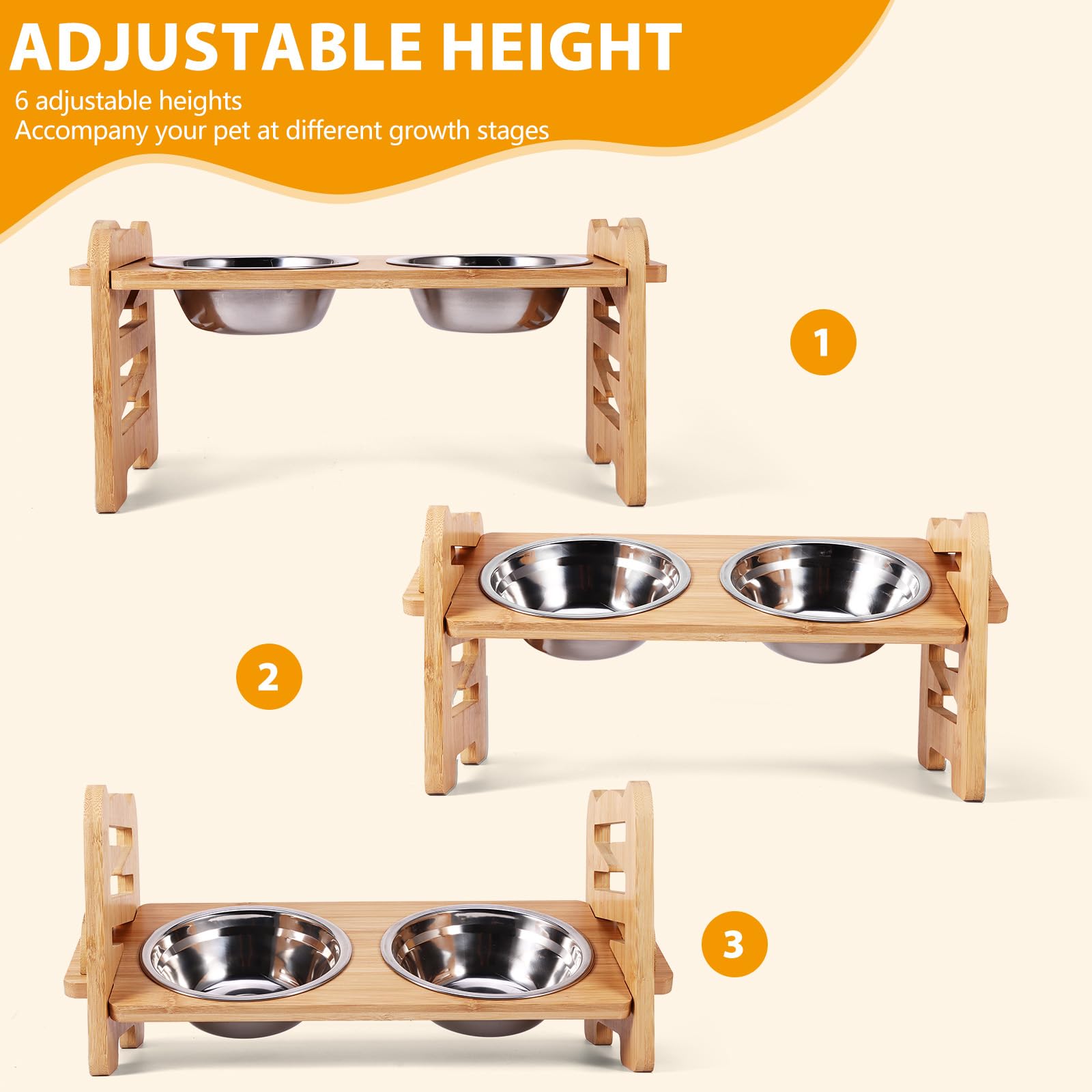 Raised Dog Bowl, Elevated Dog Bowls with Stand 3 Height Adjustable Bamboo Dog Feeding Station with 2 Stainless Steel Bowls - Image 3