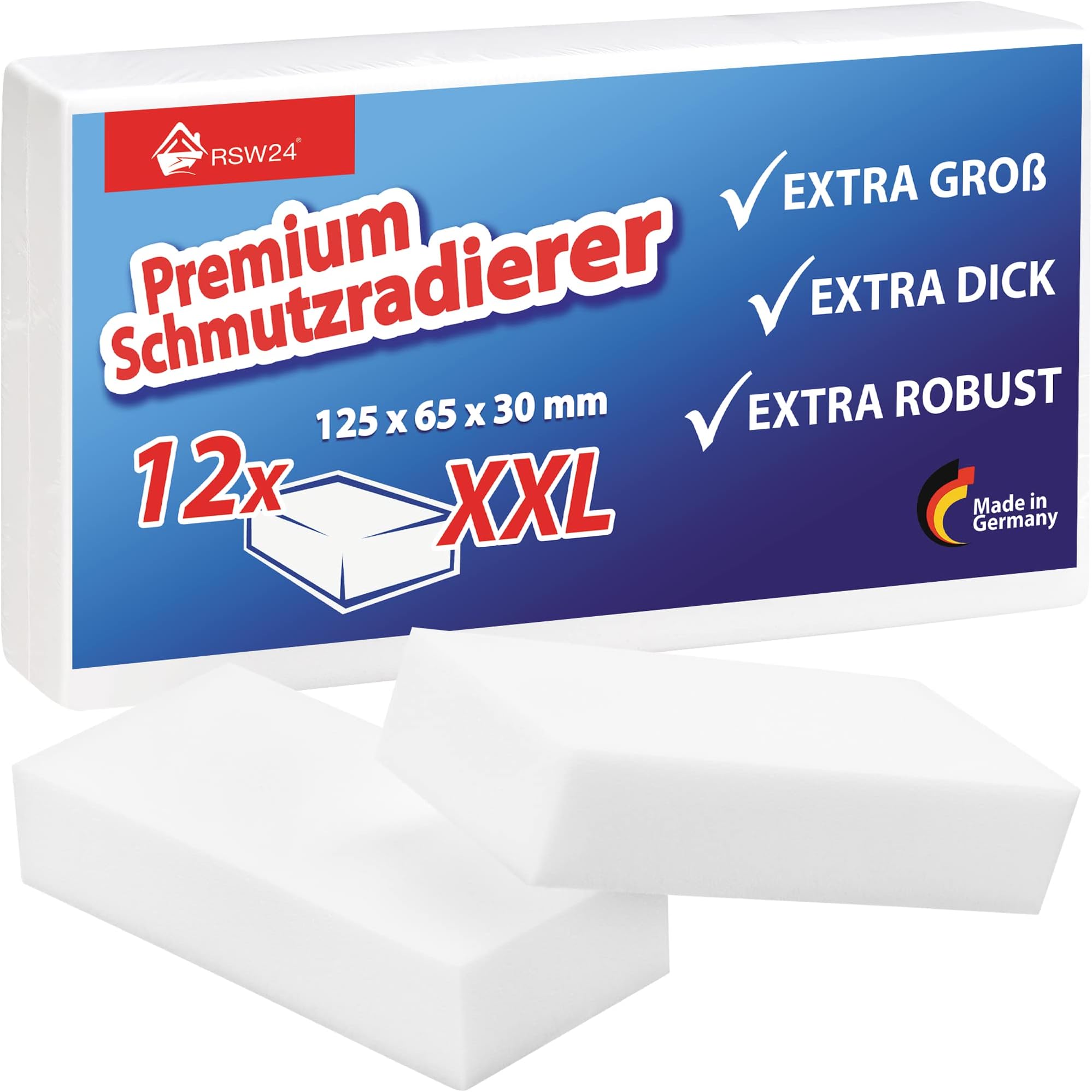 RSW24® Set of 12 Premium XXL Extra Large Dirt Erasers, Cleaning Pads, 125 x 65 x 30 mm, Erase Dirt With The Magic Sponge, The Perfect Cleaning Sponge