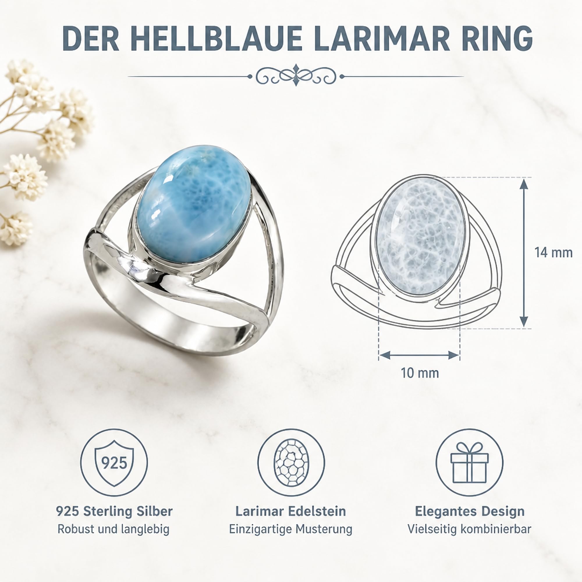 I-be, Larimar pierścionek z kamieniem szlachetnym owalny, srebro 925, w etui na prezent, 103012-2B/10x14
