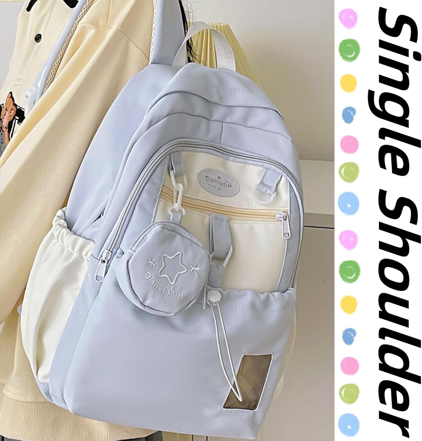 Kawaii Backpack Double Shoulder Bag with Cute Star Removable Pouch Small Clear Front Pocket Large Capacity Fits 16" Laptop Dopamine Colors Daypack (Blue) - Image 3