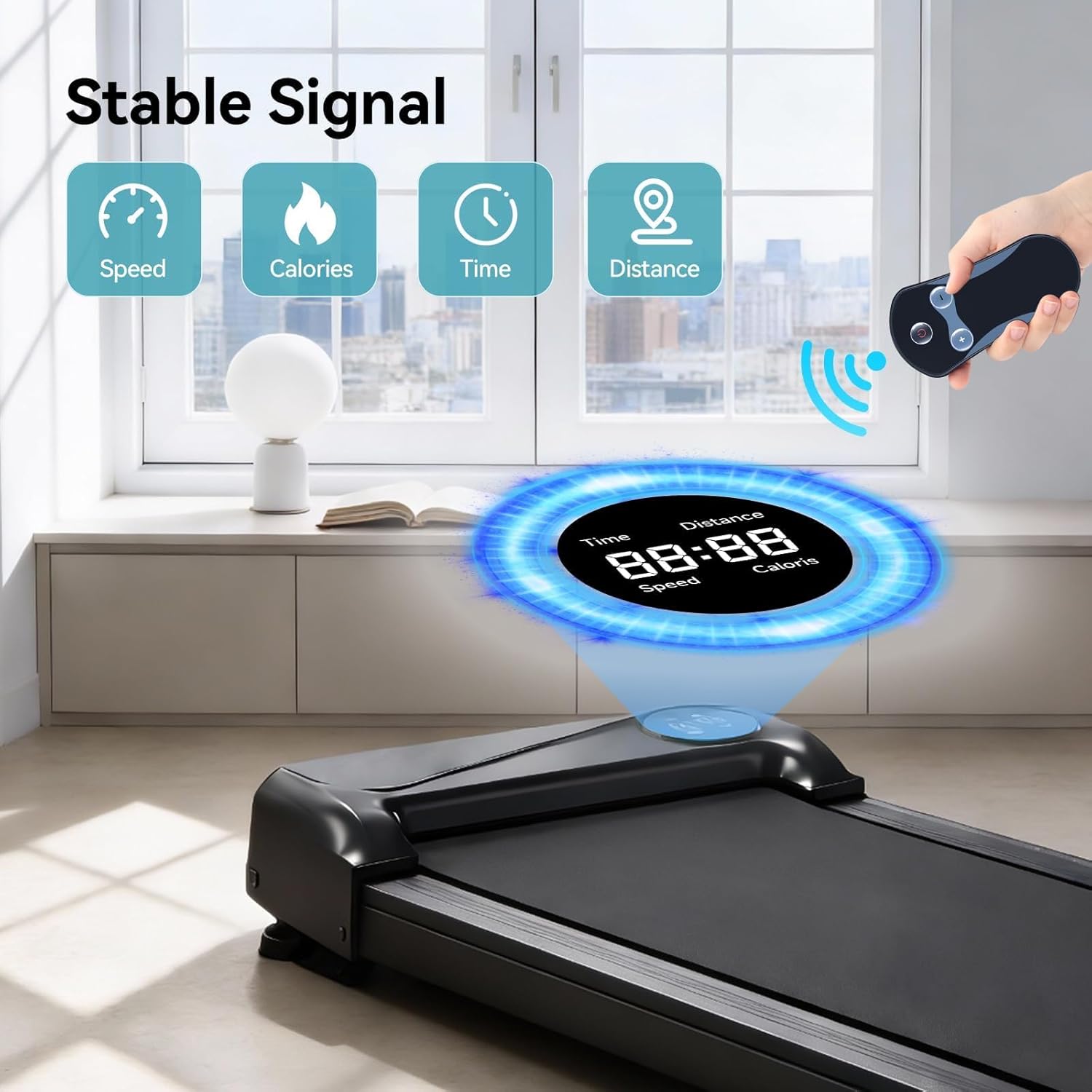 The GWVEE remote control sending a stable signal to a treadmill, with a digital display showing time, distance, speed, and calories.