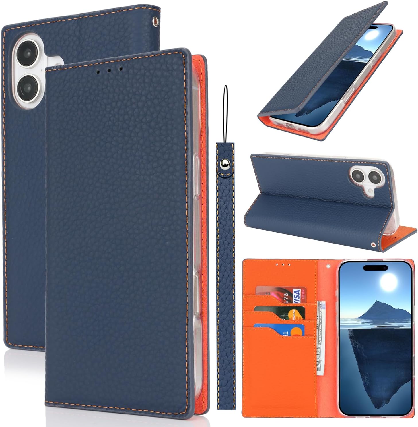 Cavor Phone Case Compatible for iPhone 16 Case,Genuine Leather Flip Wallet Case,[3 Card Holders][Magnetic][RFID-Blocking][Lanyard] Protective Case Cover Compatible for iPhone 16 - Dark Blue