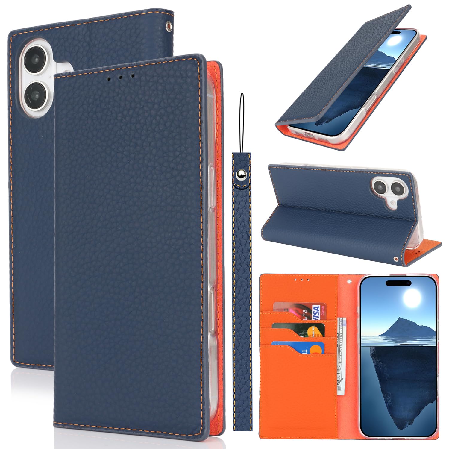 Cavor Phone Case Compatible for iPhone 16 Case,Genuine Leather Flip Wallet Case,[3 Card Holders][Magnetic][RFID-Blocking][Lanyard] Protective Case Cover Compatible for iPhone 16 - Dark Blue