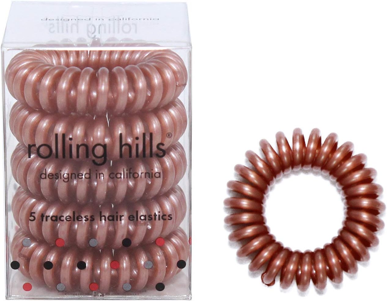 Rolling Hills - 5 Traceless Hair Elastics - Spiral Hair Attachment Rings - Do not mark, do not pull - Waterproof and Hygienic Elastics - Bronze Color