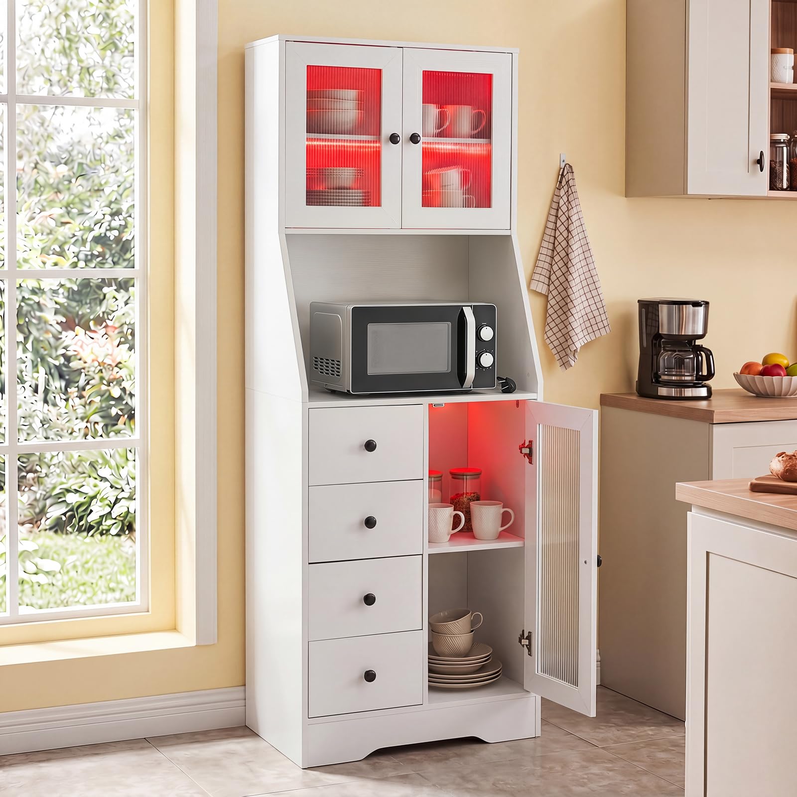 COSTWAY Credenza Alta da Cucina, Dispensa Moderna con Luci LED, Bianco