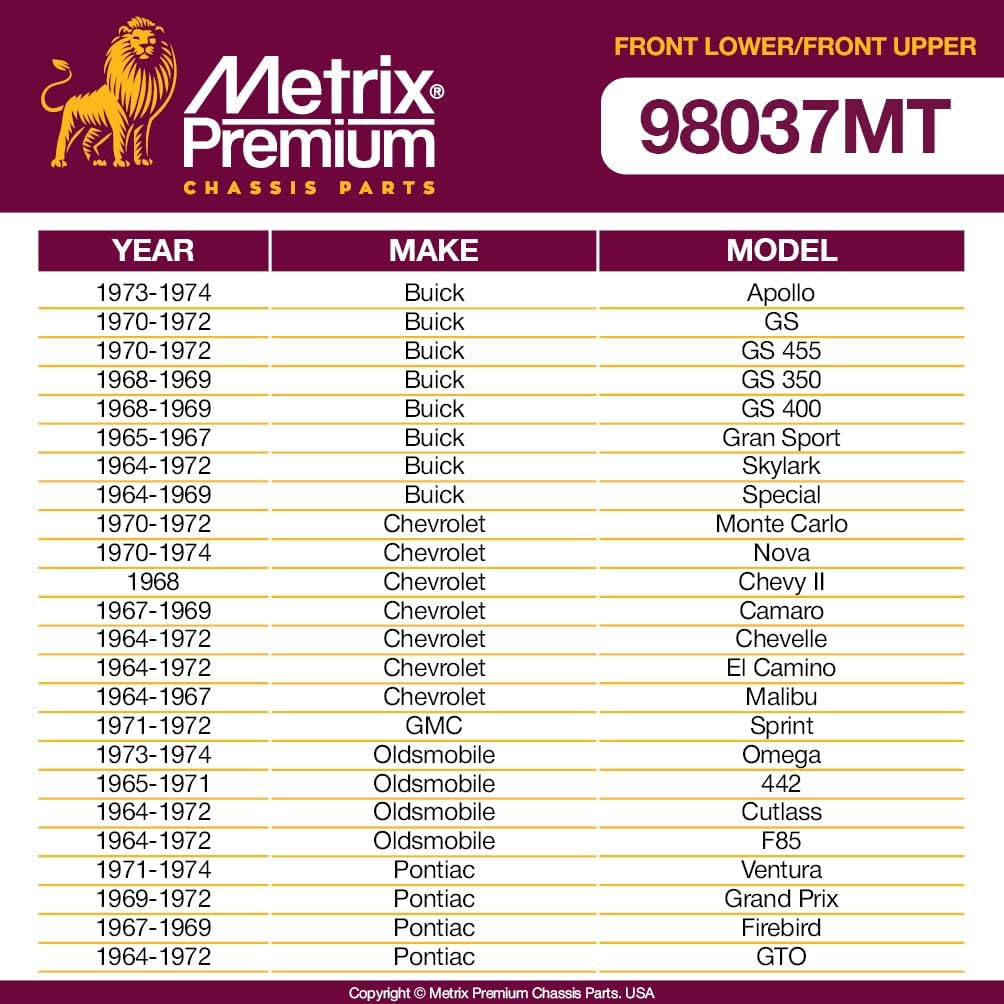 Metrix Premium Chassis Parts - 4 PC Front Upper & Front Lower Ball Joint Kit Fits 73-74 Buick Apollo, 70-74 Chevrolet Nova, 64-72 Oldsmobile F85, 71-74 Pontiac Ventura, K5103, K5108, Made in Europe
