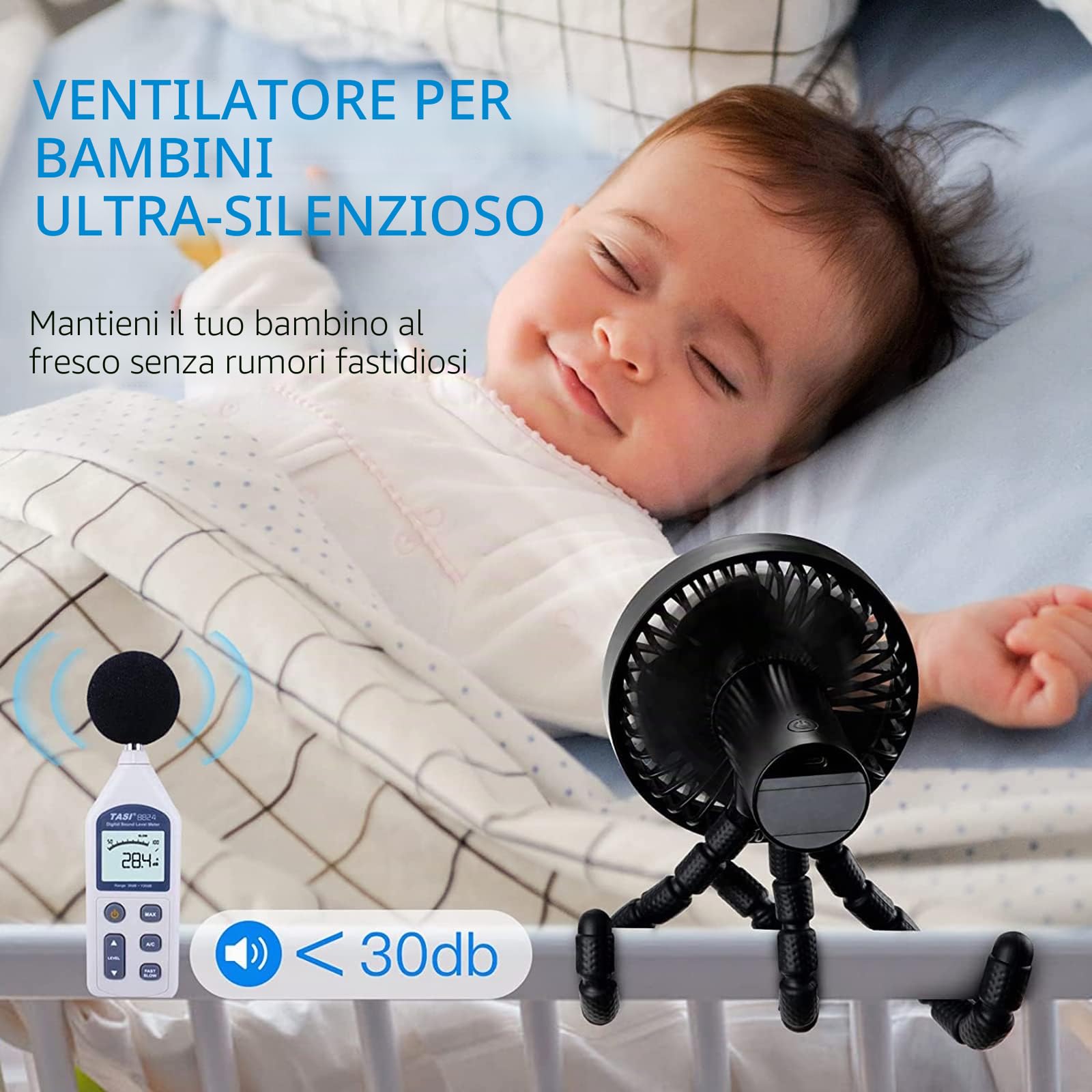Ventilatore Portatile Passeggino, Pram Fan,Ventilatore USB a Treppiede Flessibile Mute Multifunzione, 3 Velocità Ventilatore a Ricaricabile, per Passeggino, Tapis Roulant, Tenda, ecc.(Nero)