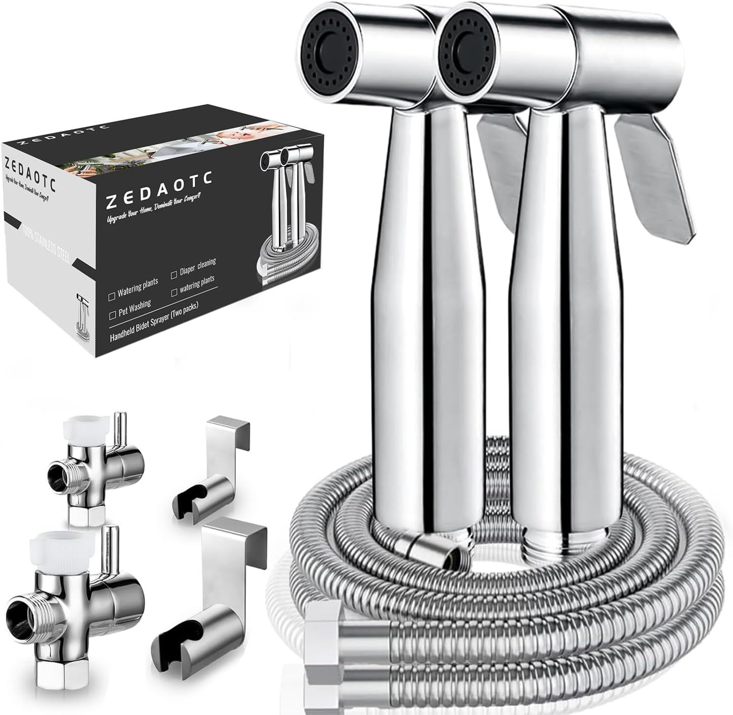 Handheld Bidet Sprayer for Toilet - Stainless Steel Portable Bathroom Bidet Jet Sprayer Set with Water Pressure Control - Cloth Diaper Sprayer for Baby Feminine Wash, Wall or Toilet Mount (2pcs)