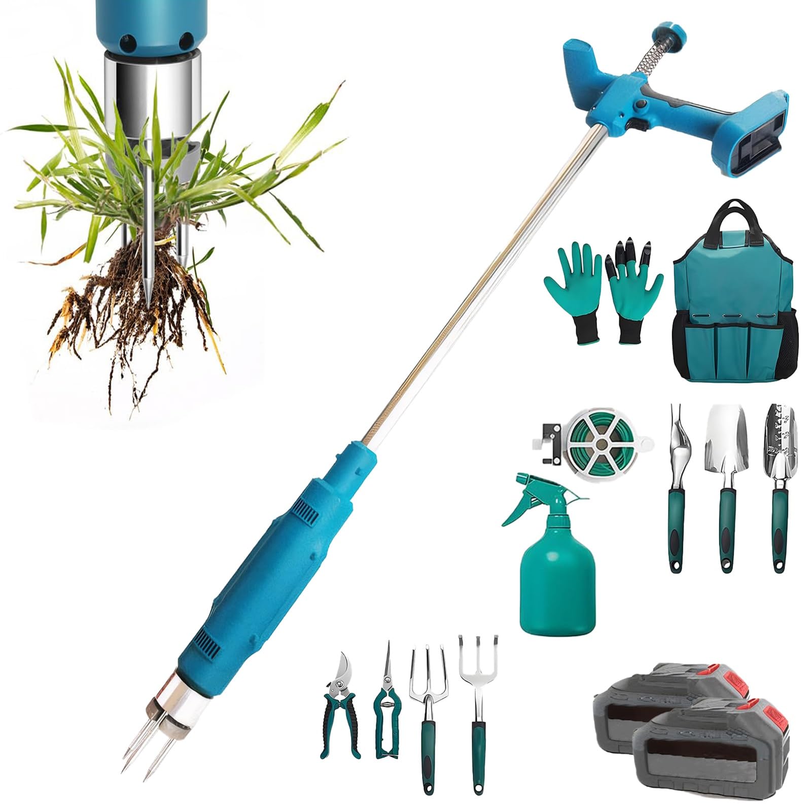 Herramienta eléctrica de extracción de malezas, inalámbrica, 21 V, mango largo, herramienta de jardinería con 2 baterías y carga rápida para césped, patio y jardín