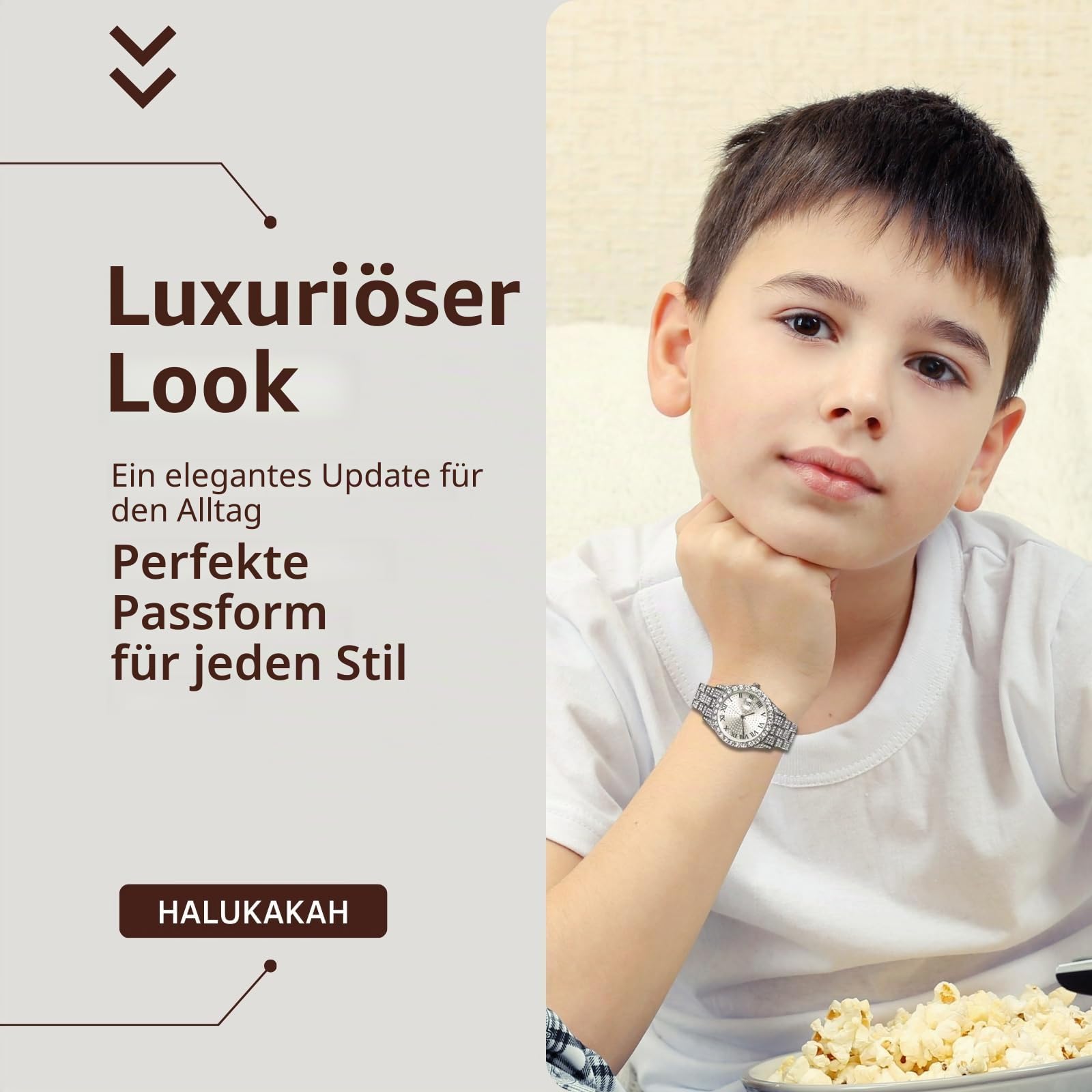 Halukakah Diamanten Gold Uhr Iced Out für Jungen - 18K Echtgold/Platin Platiniert,42mm Rundes Zifferblatt,Japanisches Quarzwerk - 20cm - Optional mit Cuban Gliederkette,mit Anpassungswerkzeug