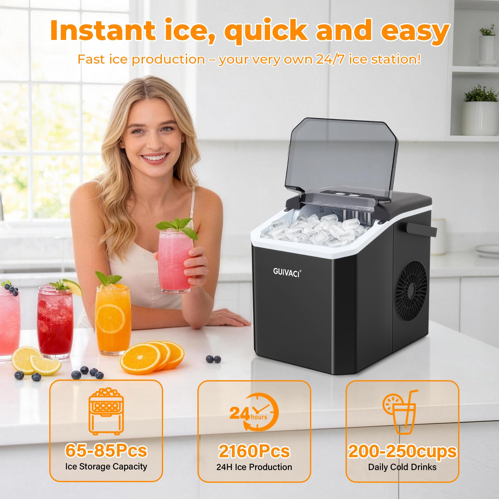 Eiswürfelmaschine mit Selbstreinigung – 9 Würfel in 6 Min, 12 kg/24h, 2 Größen, tragbar mit Griff, für Küche, Büro, Bar & Party