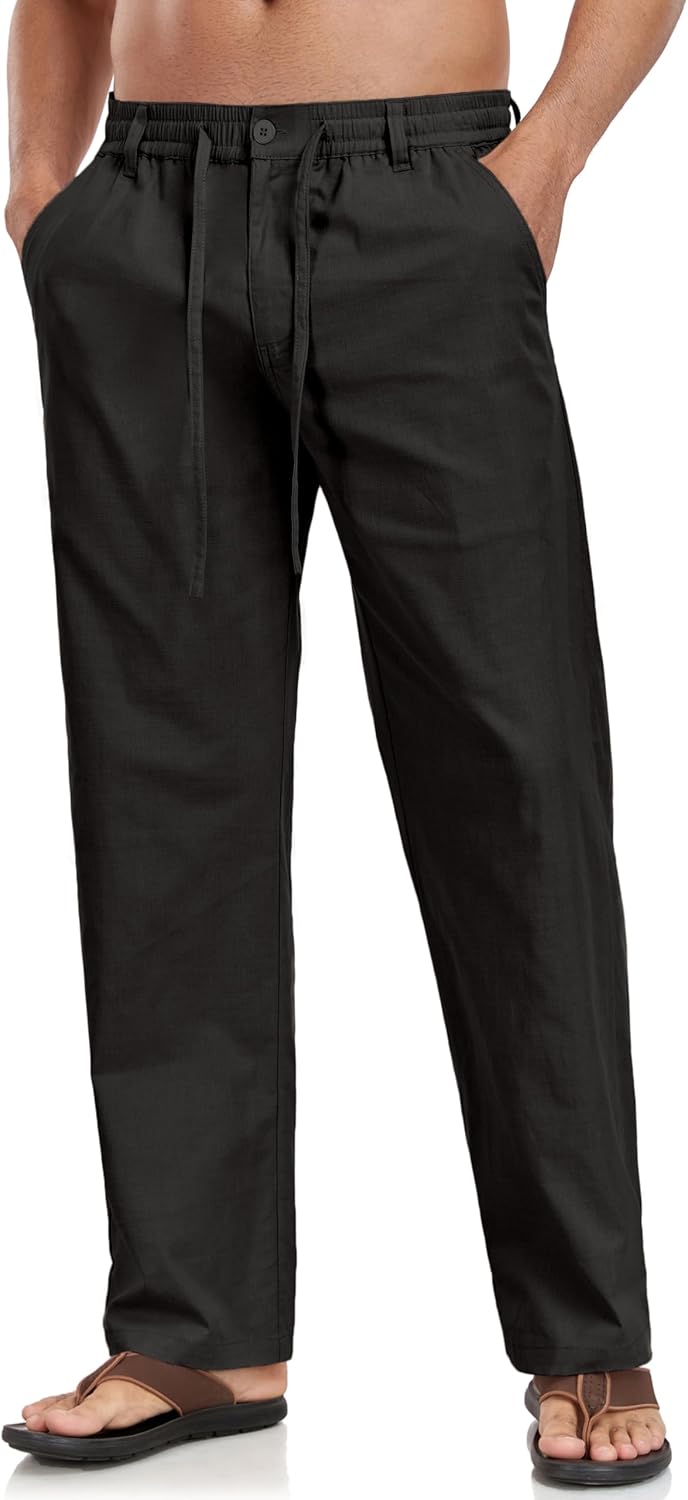 Boisouey Mens Casual Linen Pants Loose Fit Elastic Waist Drawstring Beach Summer Yoga Trousers