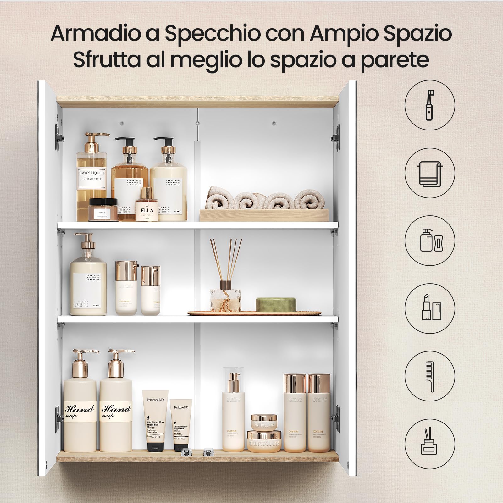 EUGAD Armadietto da Bagno Pensile, Specchio Contenitore con 2 Ripiani Interni Regolabili, Mobile Sospeso da Bagno Salvaspazio con 2 Ante, Mobiletto Bianco e Rovere 60x20x75cm