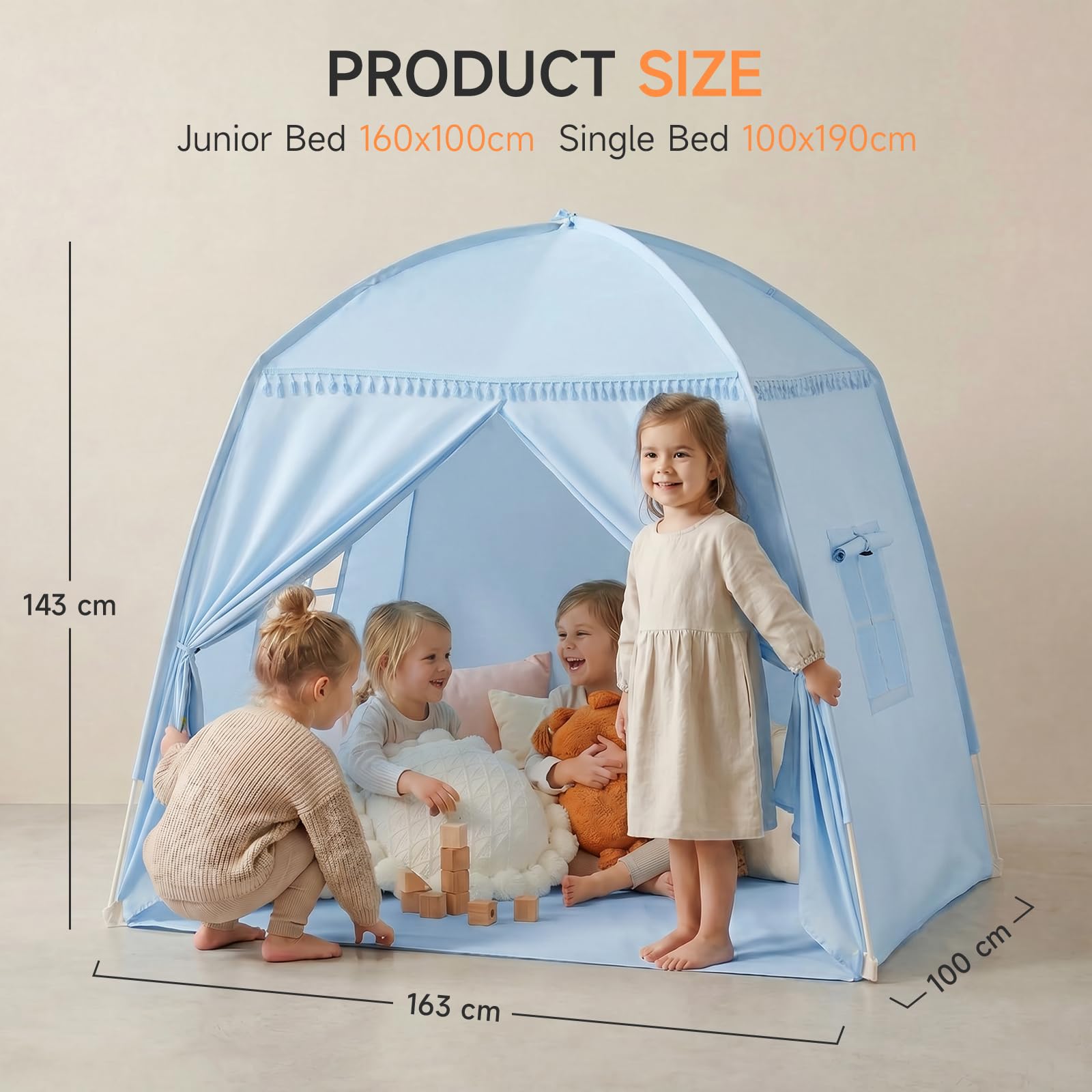 Bettzelt Kinderzimmer Kinderzelt: Großes Indoor-Spielhaus, tragbar und faltbar, für Einzelbett und Etagenbett, Kinderhöhle zum Spielen und Schlafen für Mädchen und Jungen (Hellblau)