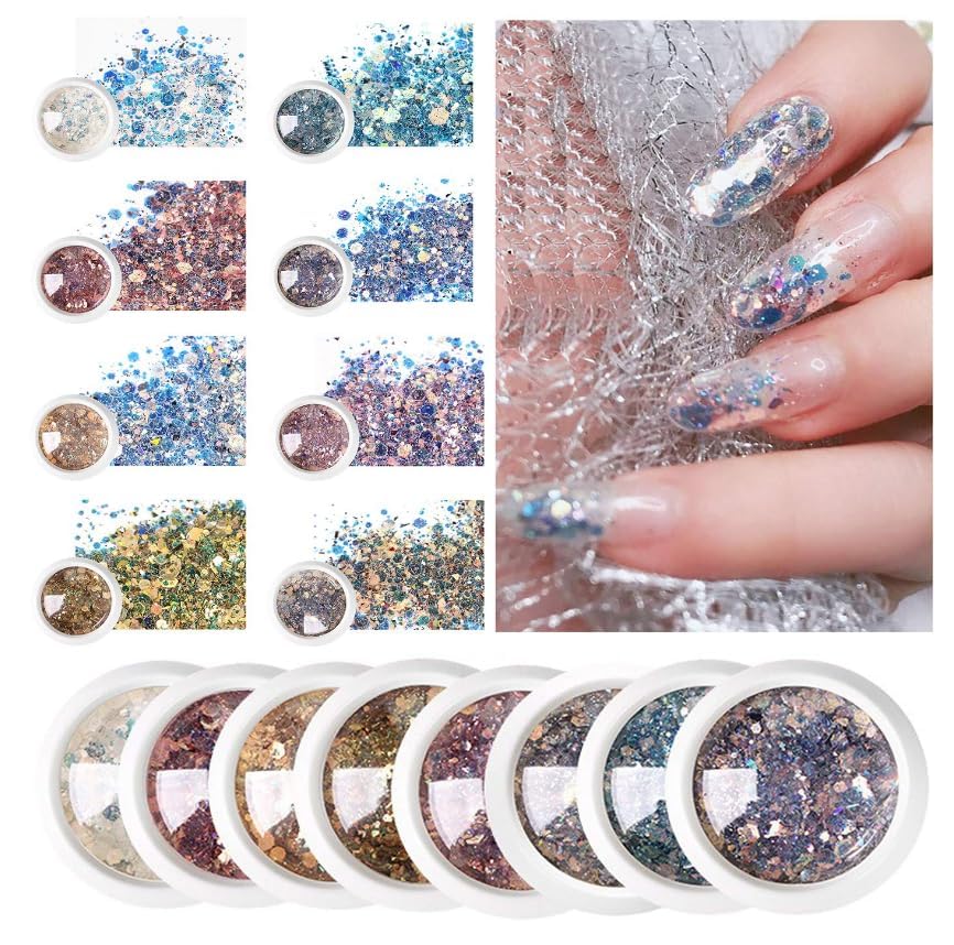 Nail Art Gradient Glitter Magic Color Changing Laser Thin Sequins Mixed Mirror Hexagon Shape Mermaid Flakes Spangles Palette Craft Glitters Holographic Manicure (8 PCSmailers) 2