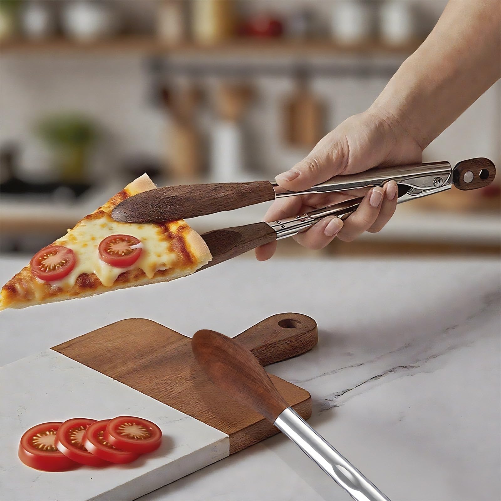 Pinces de Cuisine en Bois de Noyer, 39,5 cm Acier Inoxydable, Manche Bois Confortable, Ustensile BBQ Service